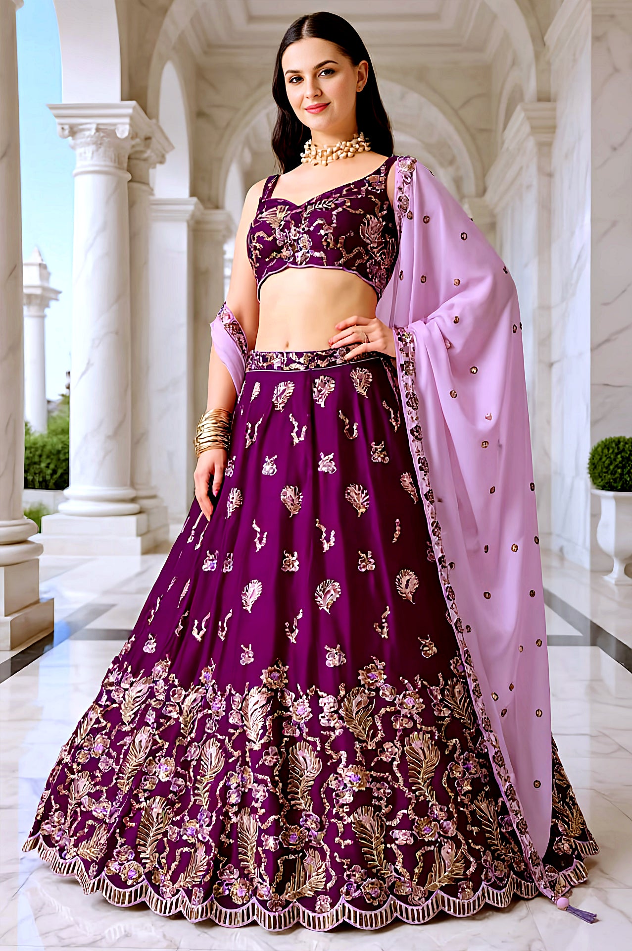 Burgundy Embroidered Georgette Lehenga (Side)