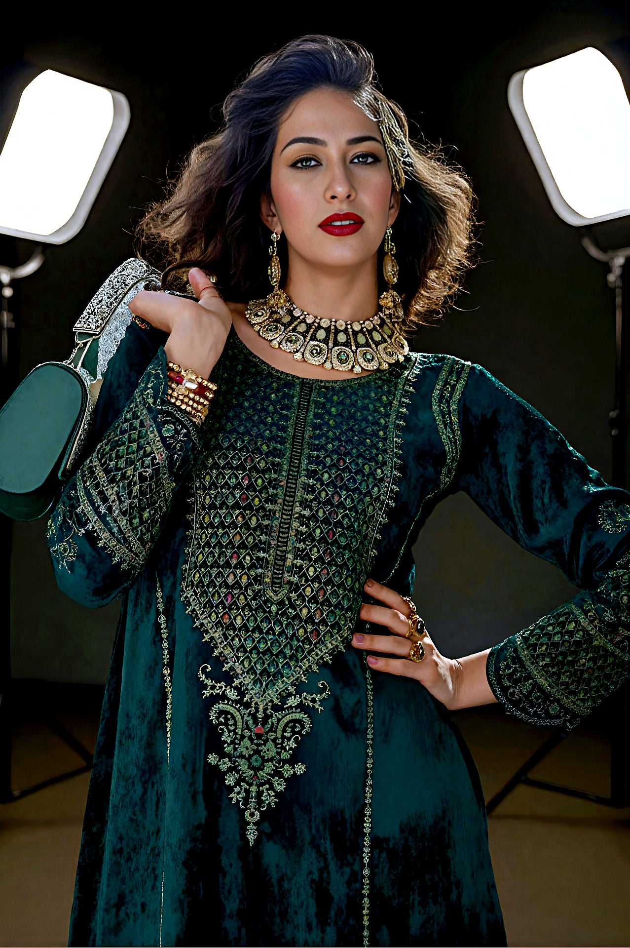 Dark Green Embroidered Premium Velvet Straight Suit (Side2)