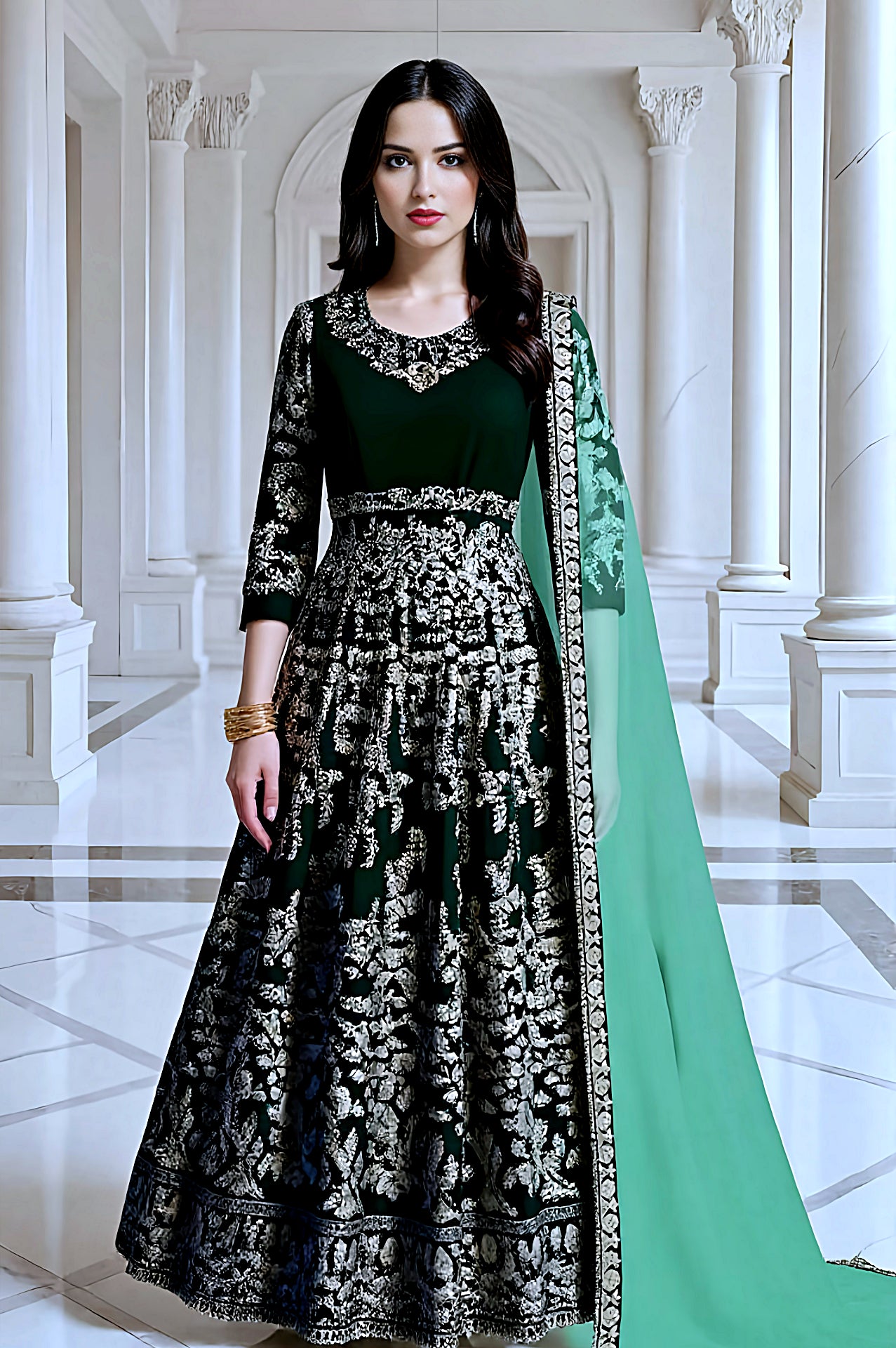 Dark Green Embroidered Velvet Lehenga (Side)