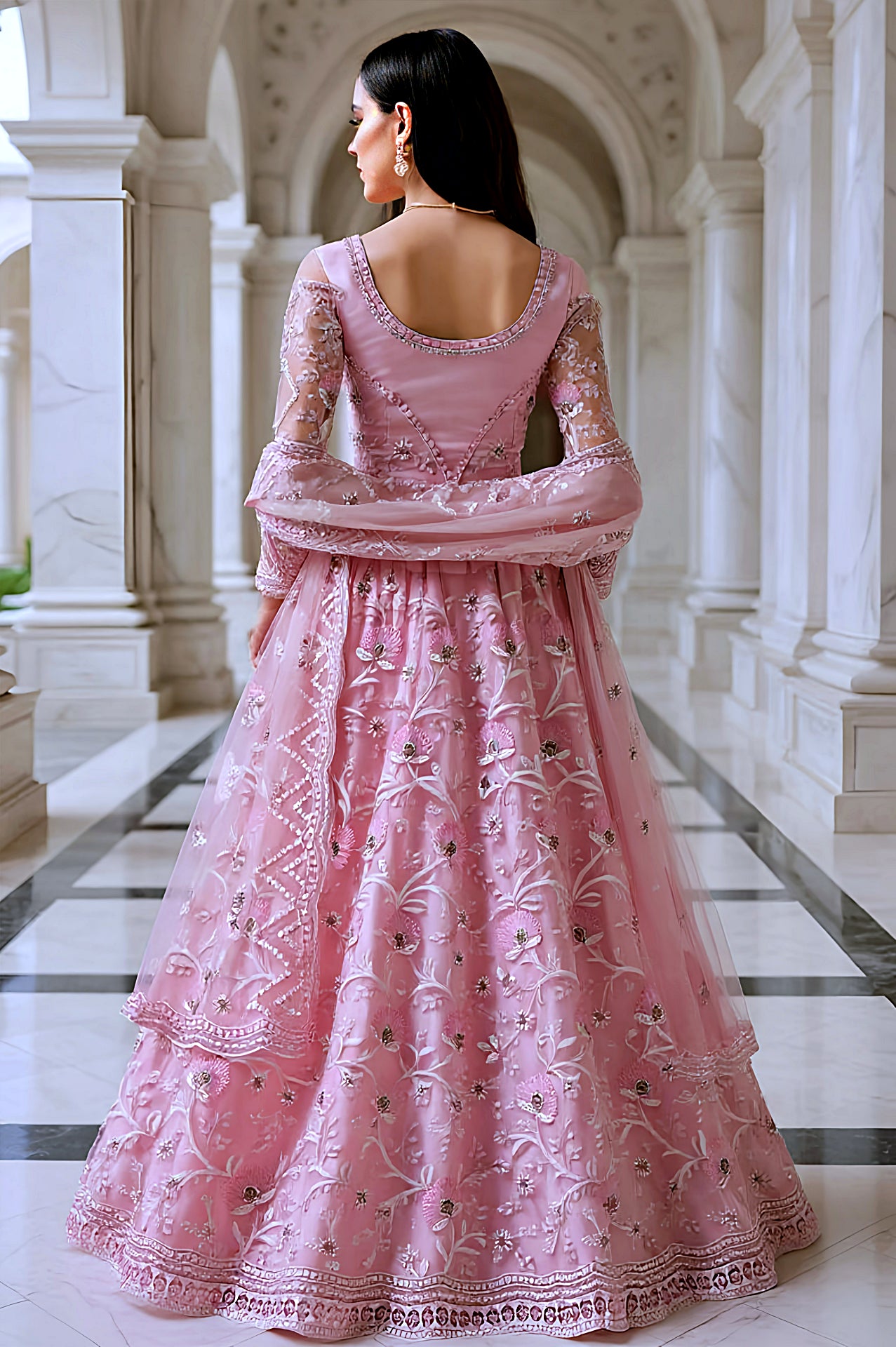 Dusty Pink Embroidered Net Lehenga (Back)