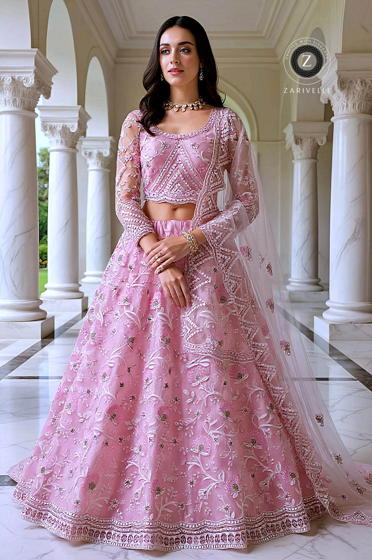 Dusty Pink Embroidered Net Lehenga (Front)