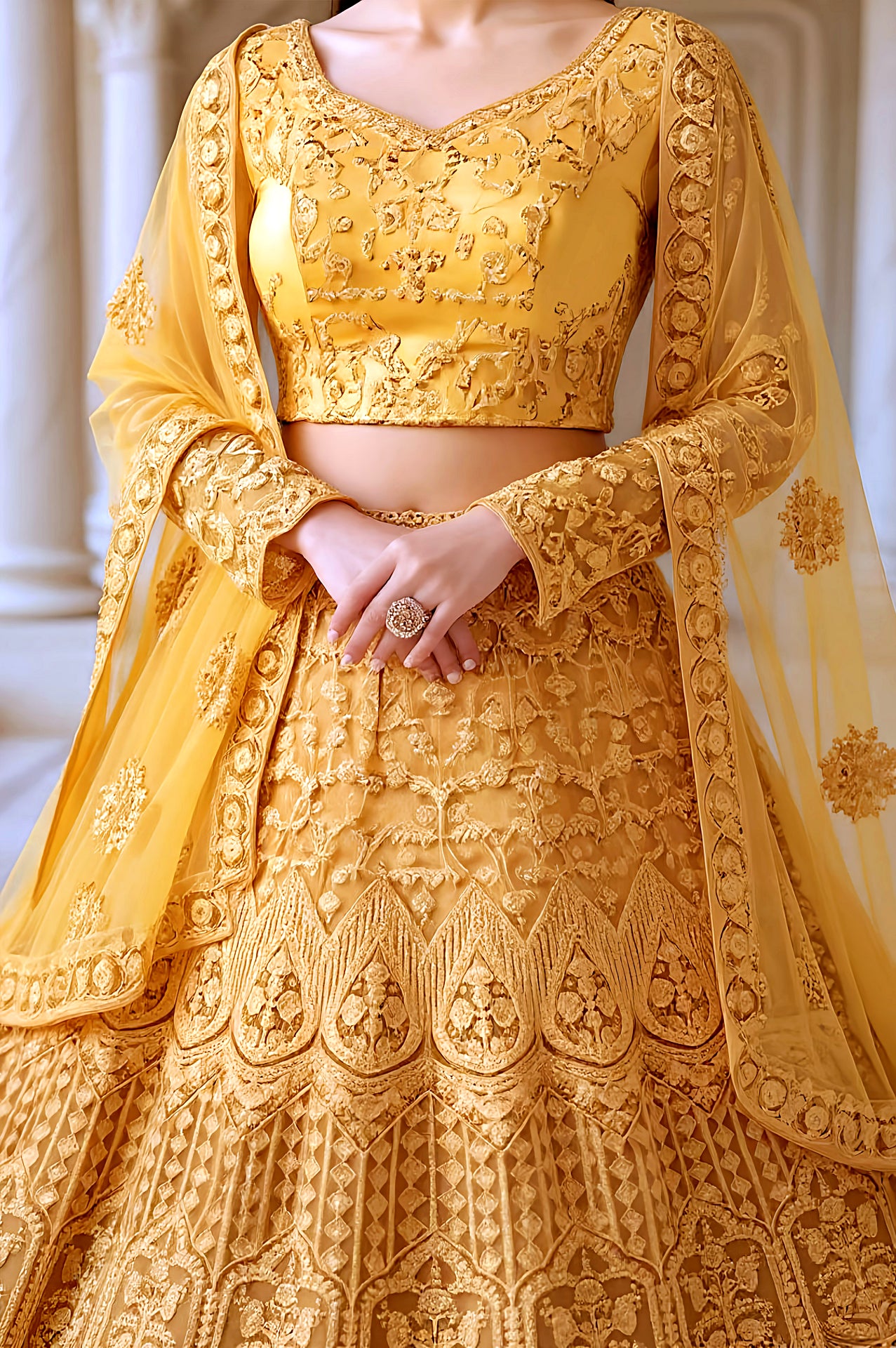 Gold Heavy Embroidered Premium Net Lehenga (Close up)