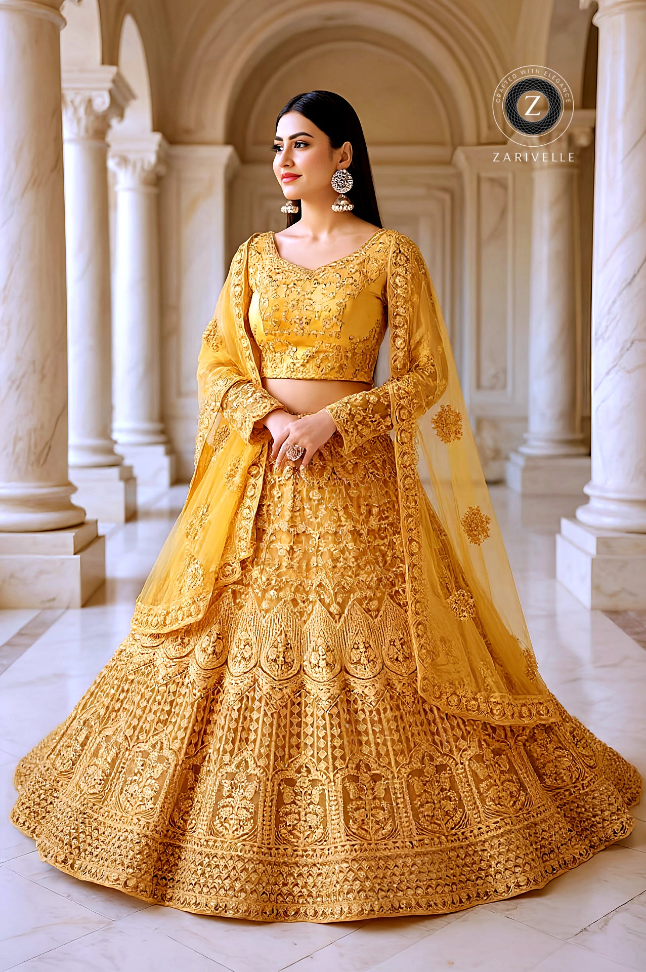 Gold Heavy Embroidered Premium Net Lehenga (Front)