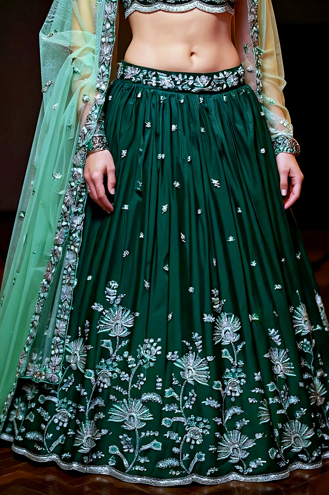 Green Embroidered Chiffon Silk Lehenga (Close up)