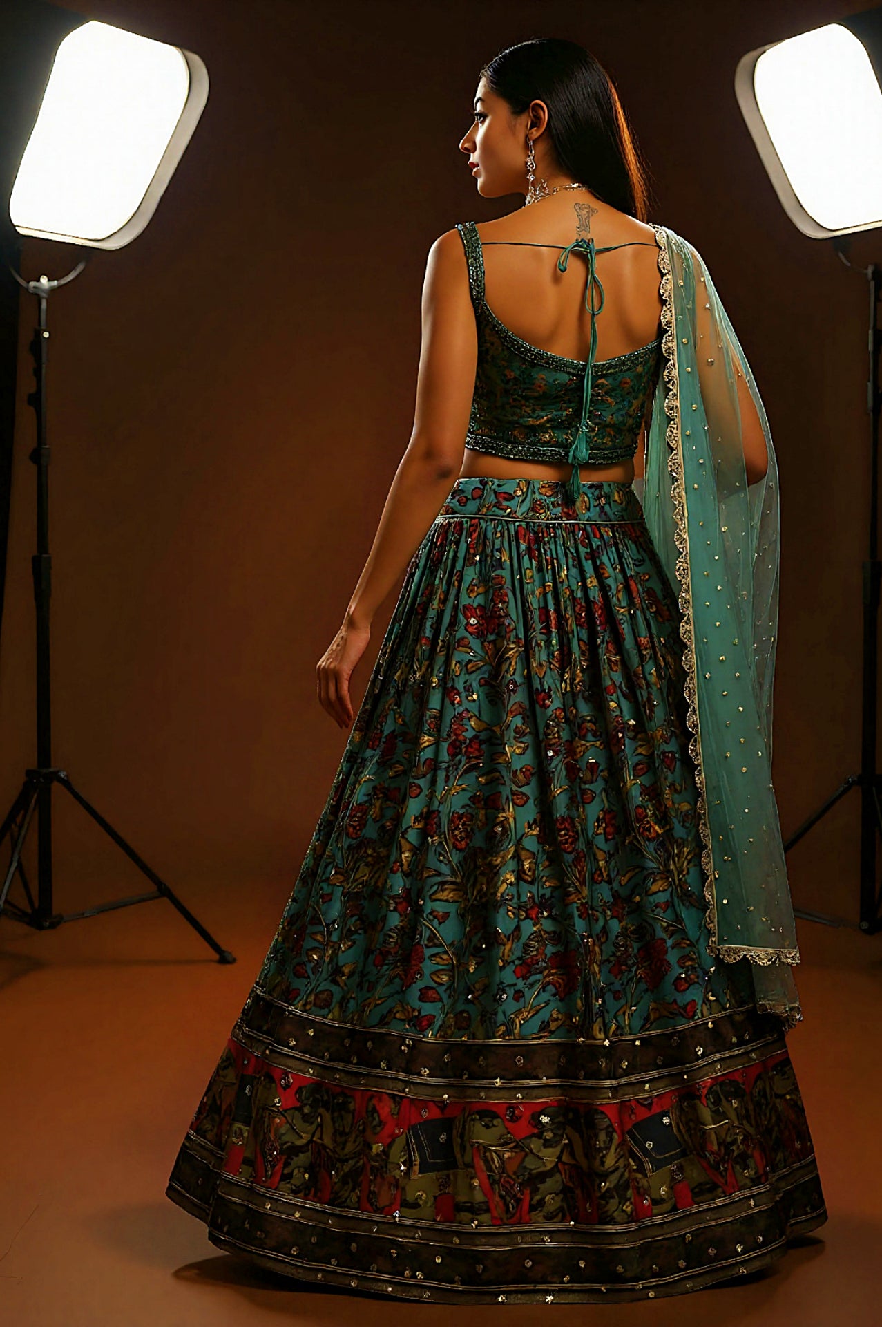 Green Embroidered Chinon Lehanga (Back)