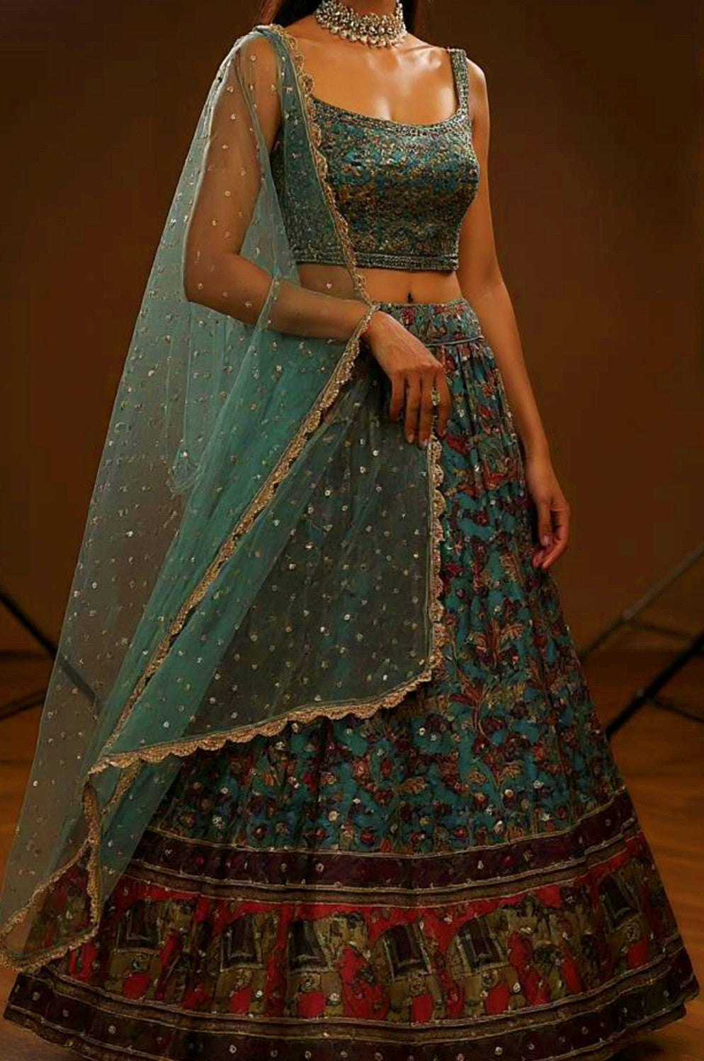 Green Embroidered Chinon Lehanga (Close up)