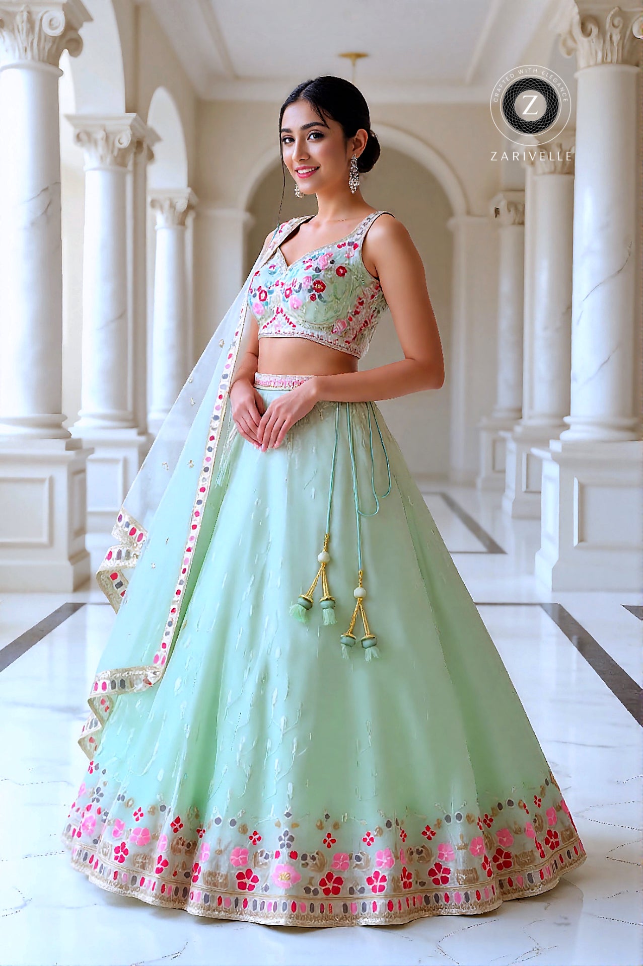 Green Embroidered Georgette Lehenga (Front)