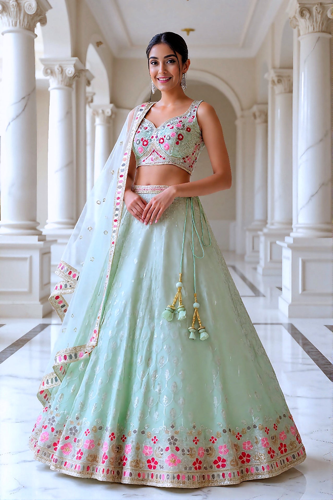 Green Embroidered Georgette Lehenga (Side)