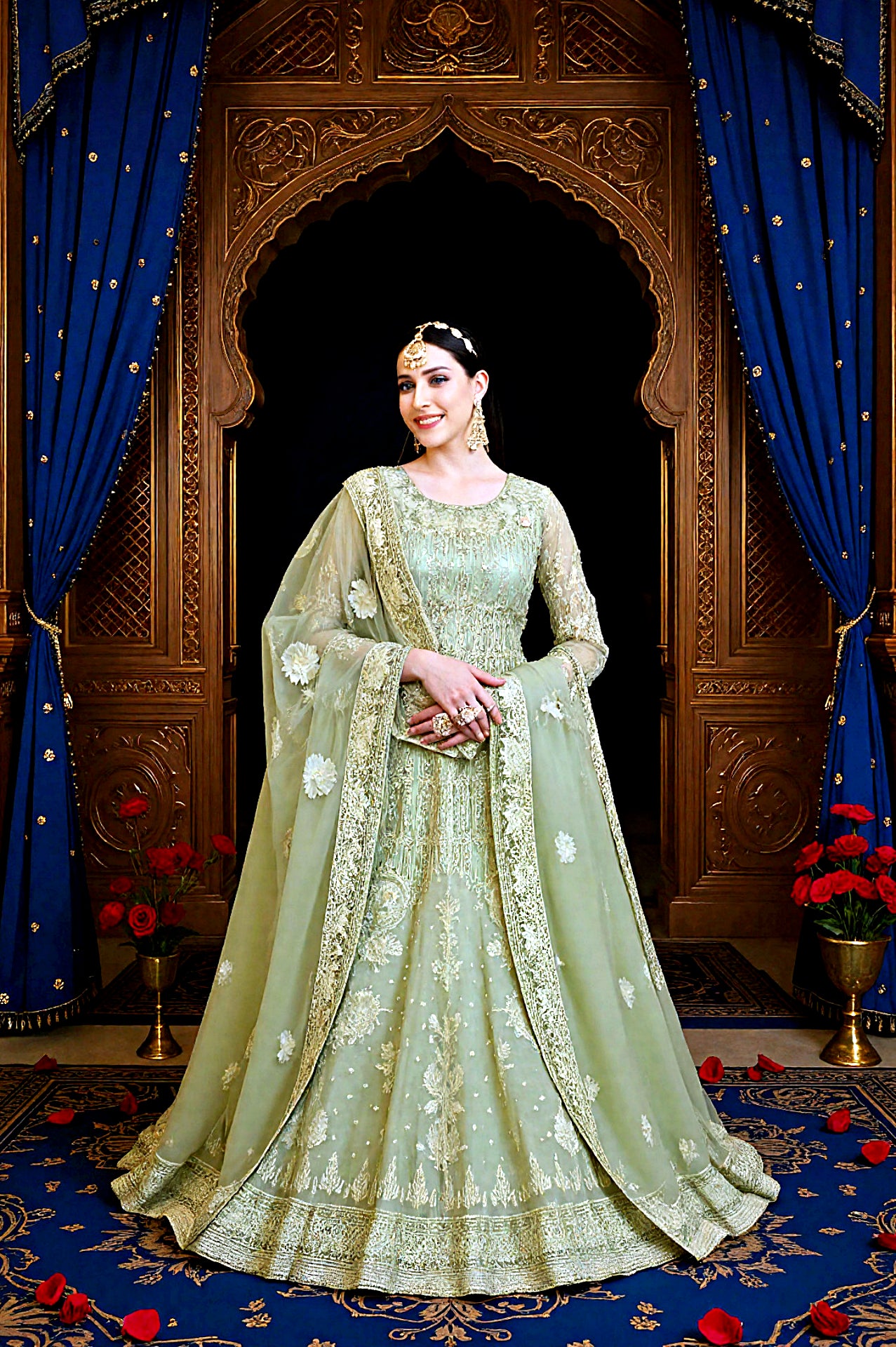 Green Embroidered Net Anarkali Suit (Close up2)