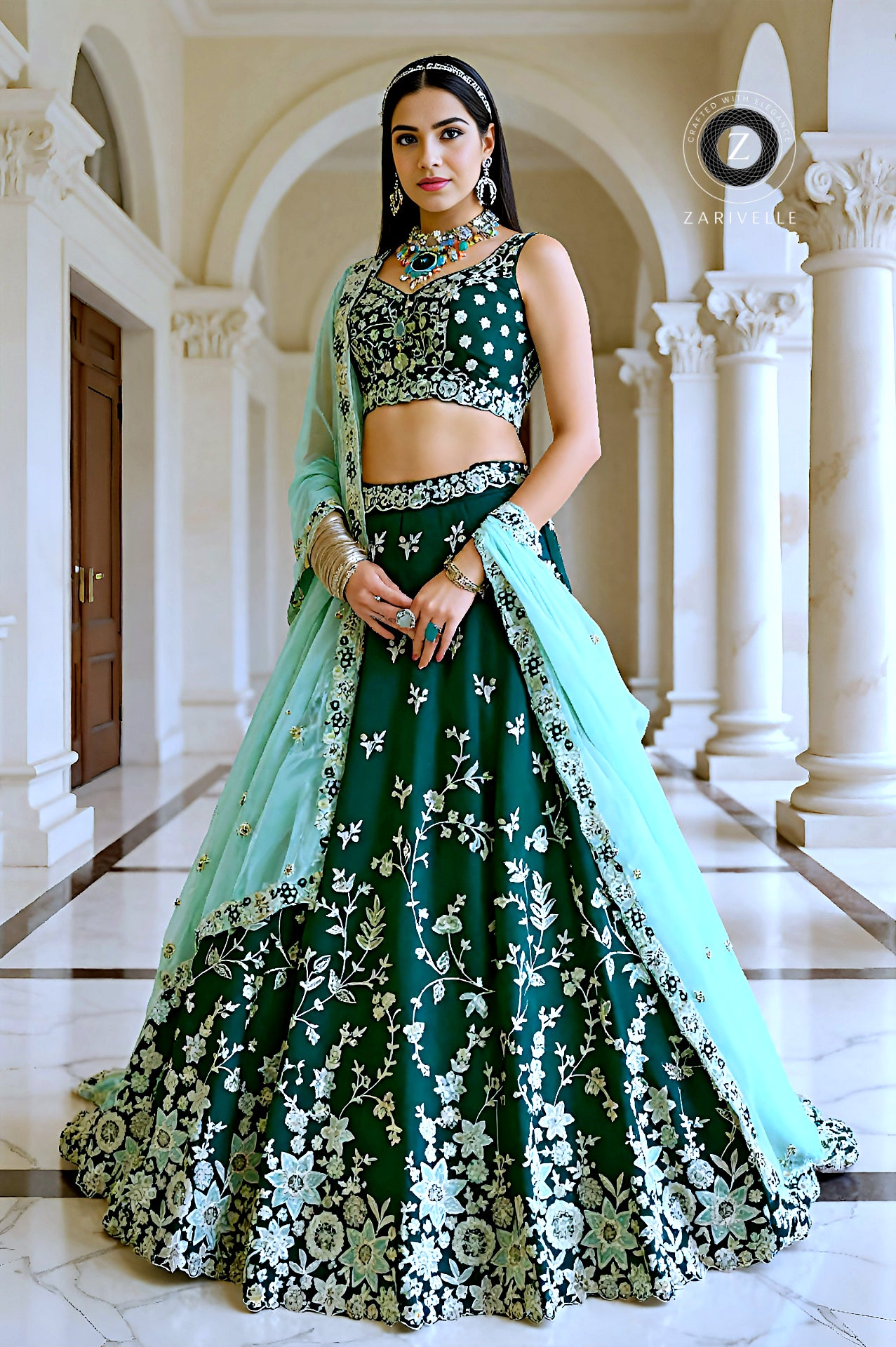 Green Embroidered Organza Lehenga (Front)