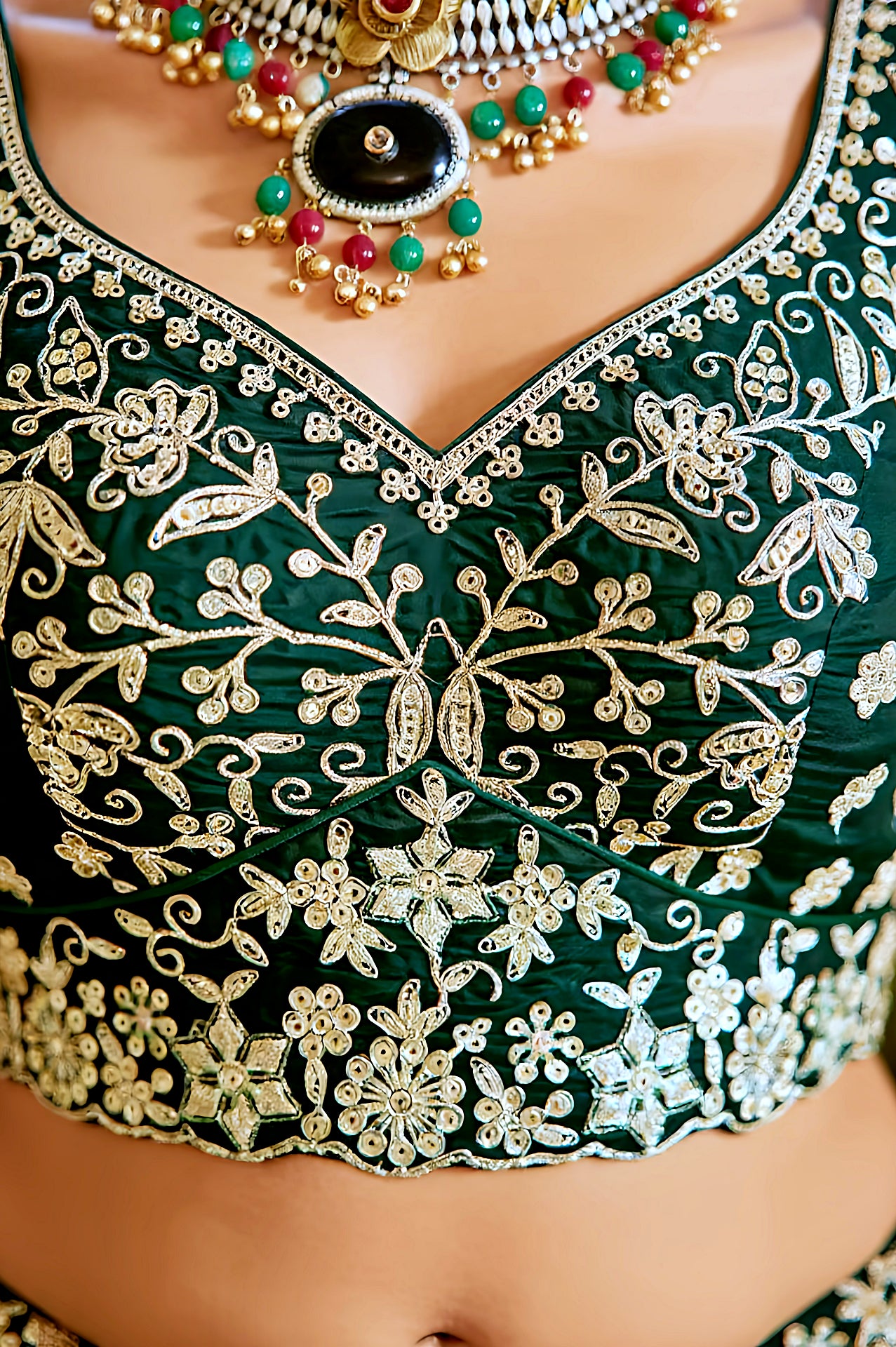 Green Embroidered Organza Lehenga (Close up)