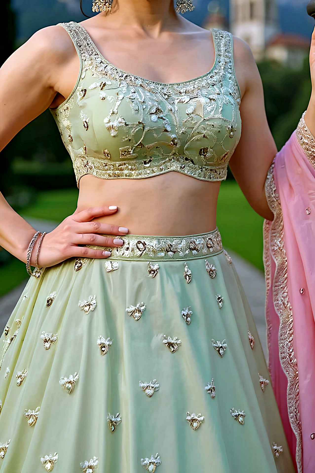 Green Embroidered Premium Silk Lehenga (Close up)