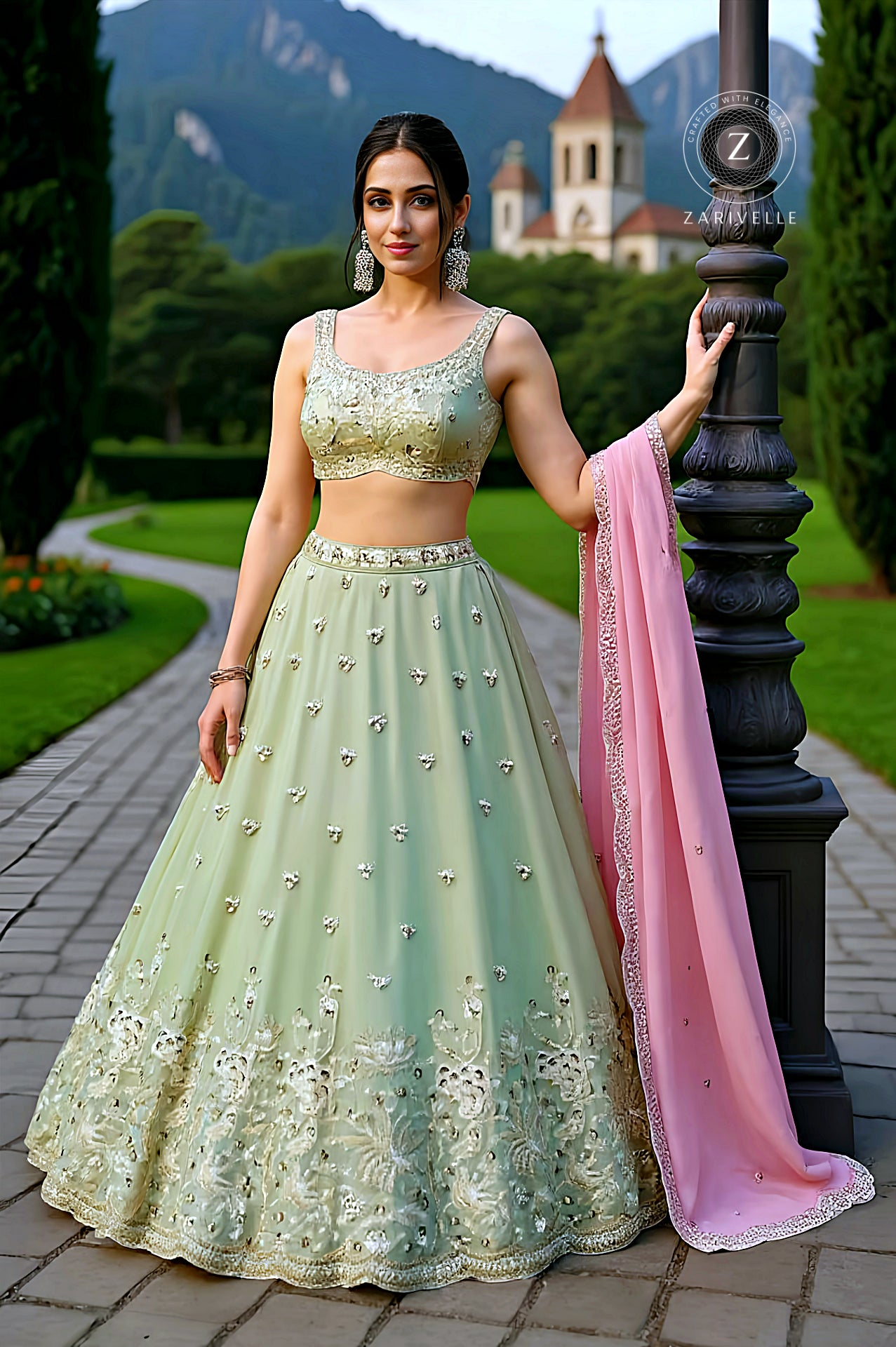 Green Embroidered Premium Silk Lehenga (Front)