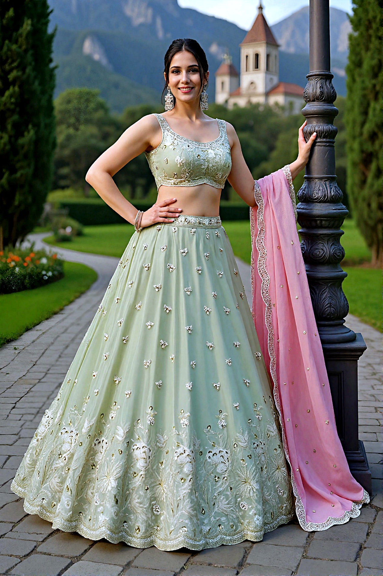 Green Embroidered Premium Silk Lehenga (Side)