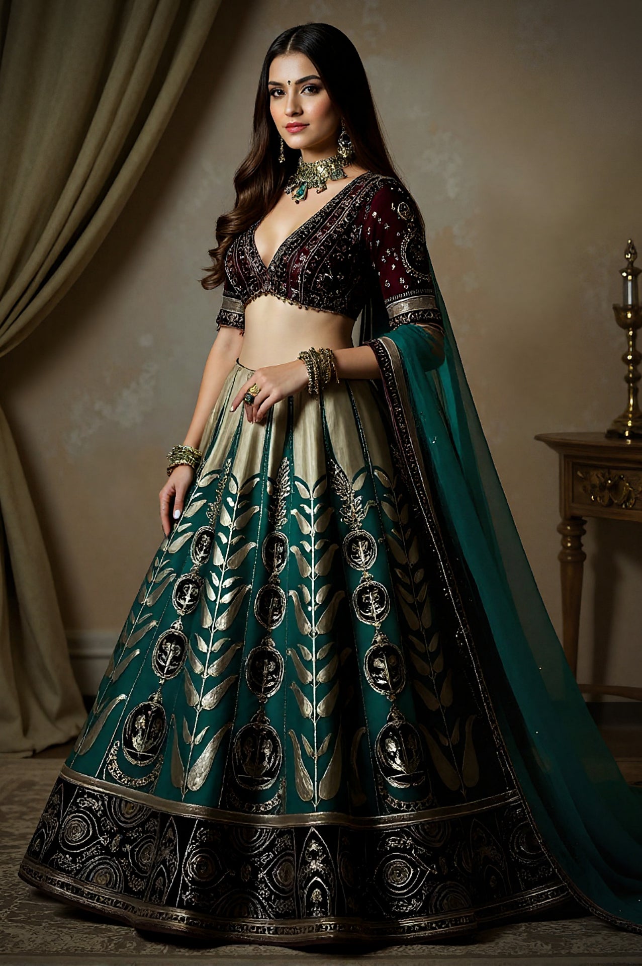 Green Embroidered Silk Lehenga (Side View)