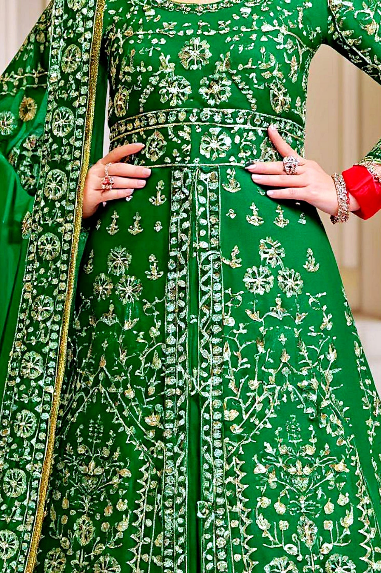 Green Embroidered Velvet Anarkali Suit (Close up)