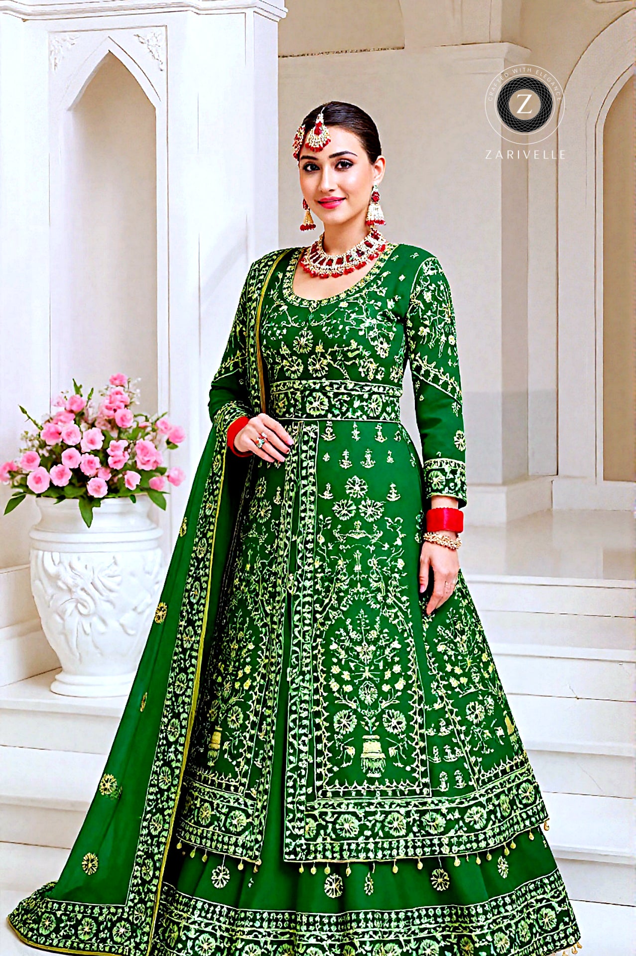 Green Embroidered Velvet Anarkali Suit (Front)