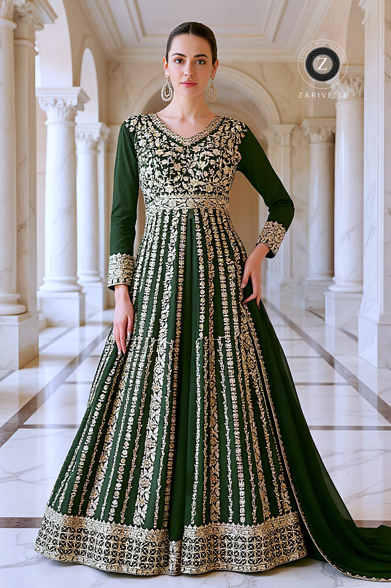 Green Heavy Embroidered Georgette Anarkali Suit (Front)