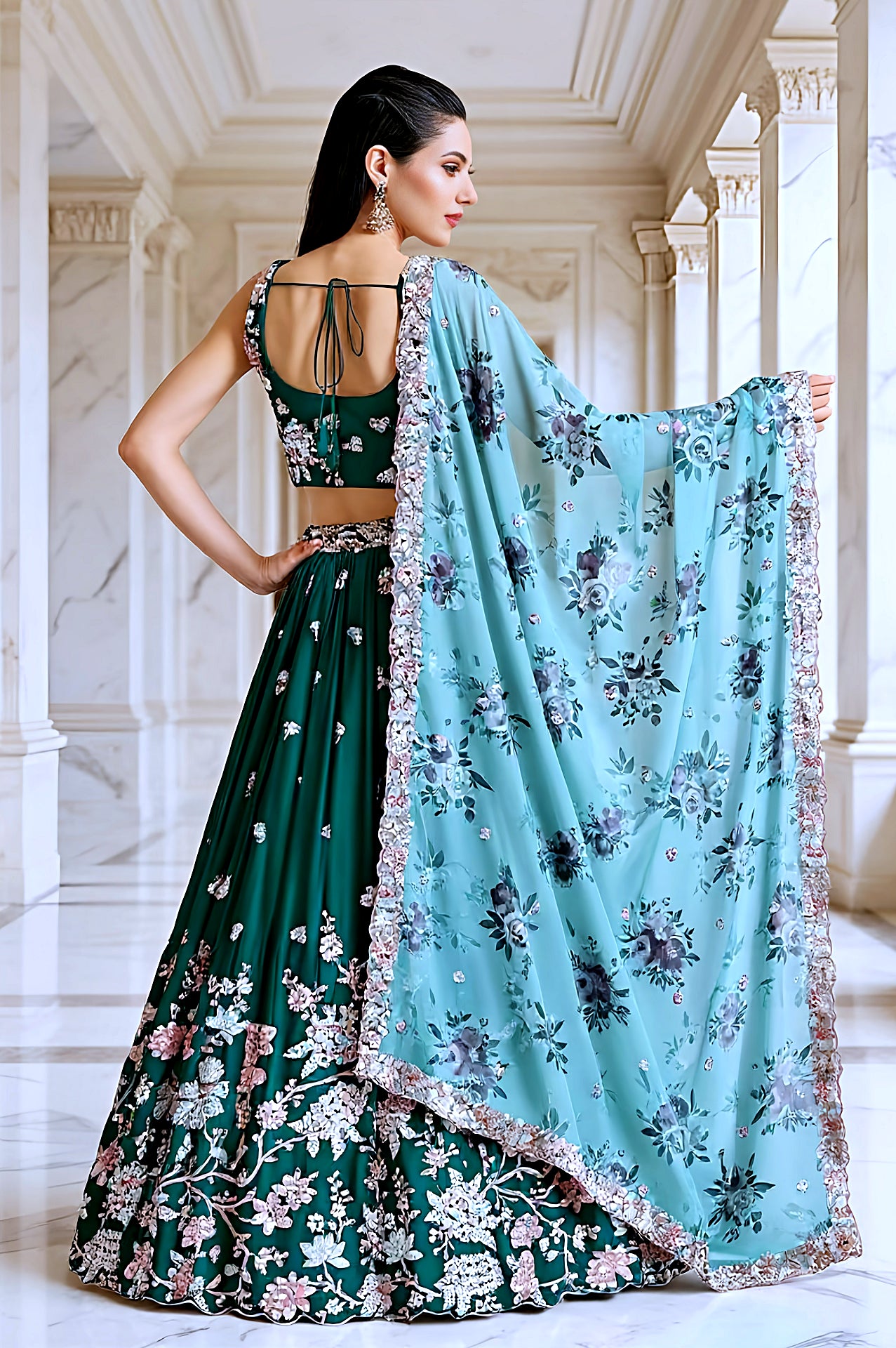 Green Multicolor Embroidered Georgette Lehenga (Back)