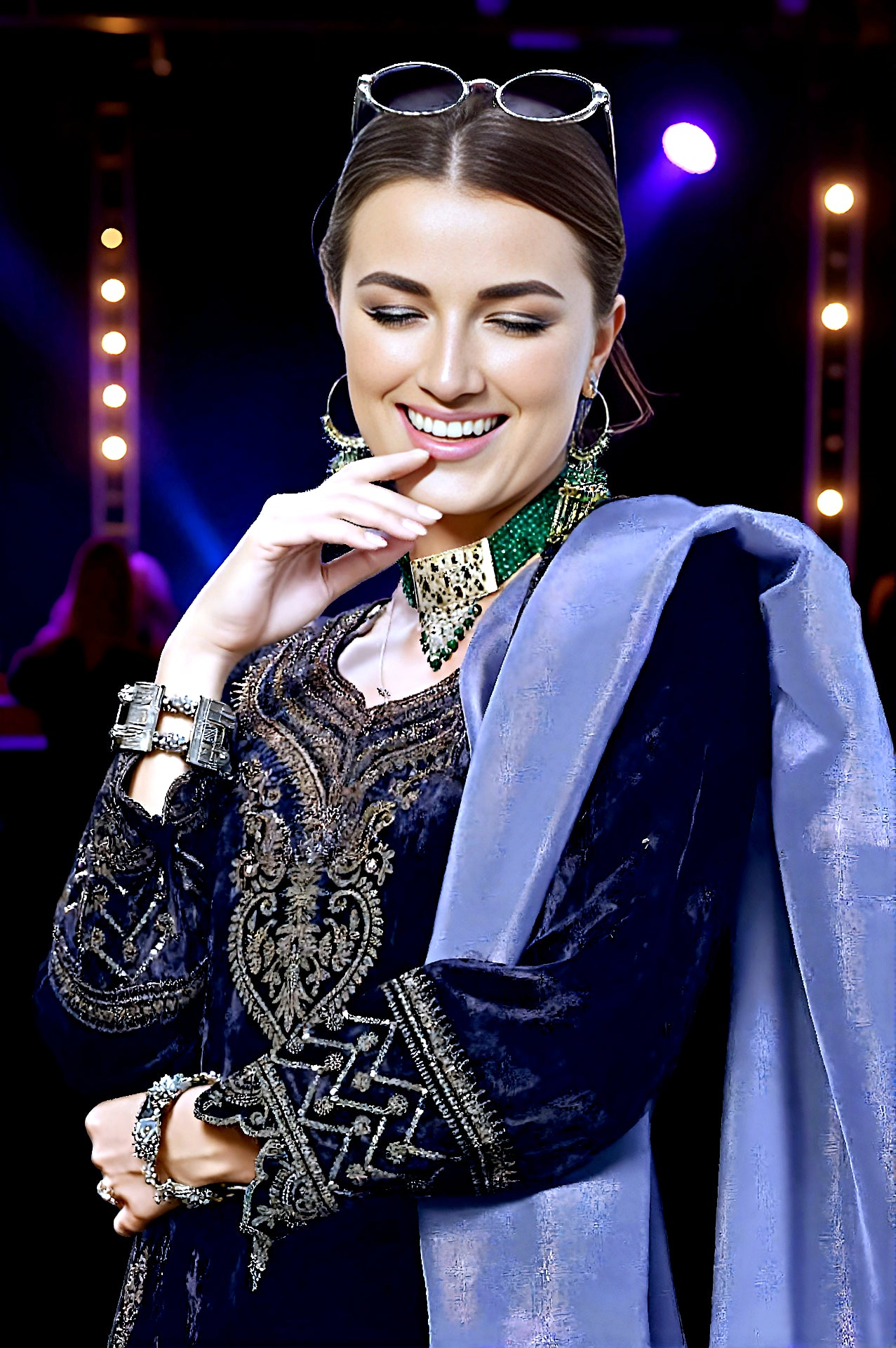 Lavender Embroidered Designer Velvet Straight Suit (Close up)