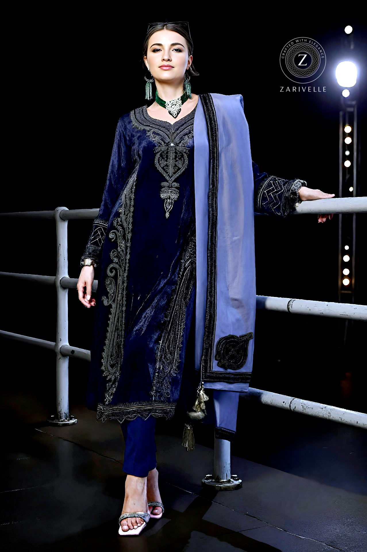 Lavender Embroidered Designer Velvet Straight Suit (Front)