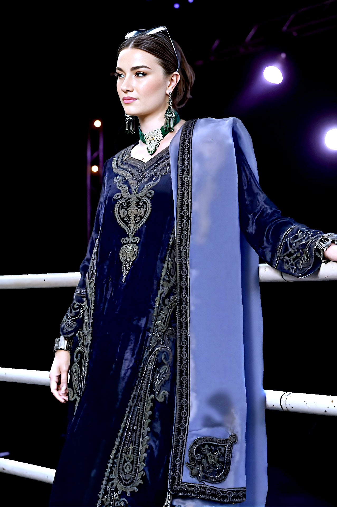 Lavender Embroidered Designer Velvet Straight Suit (Side)