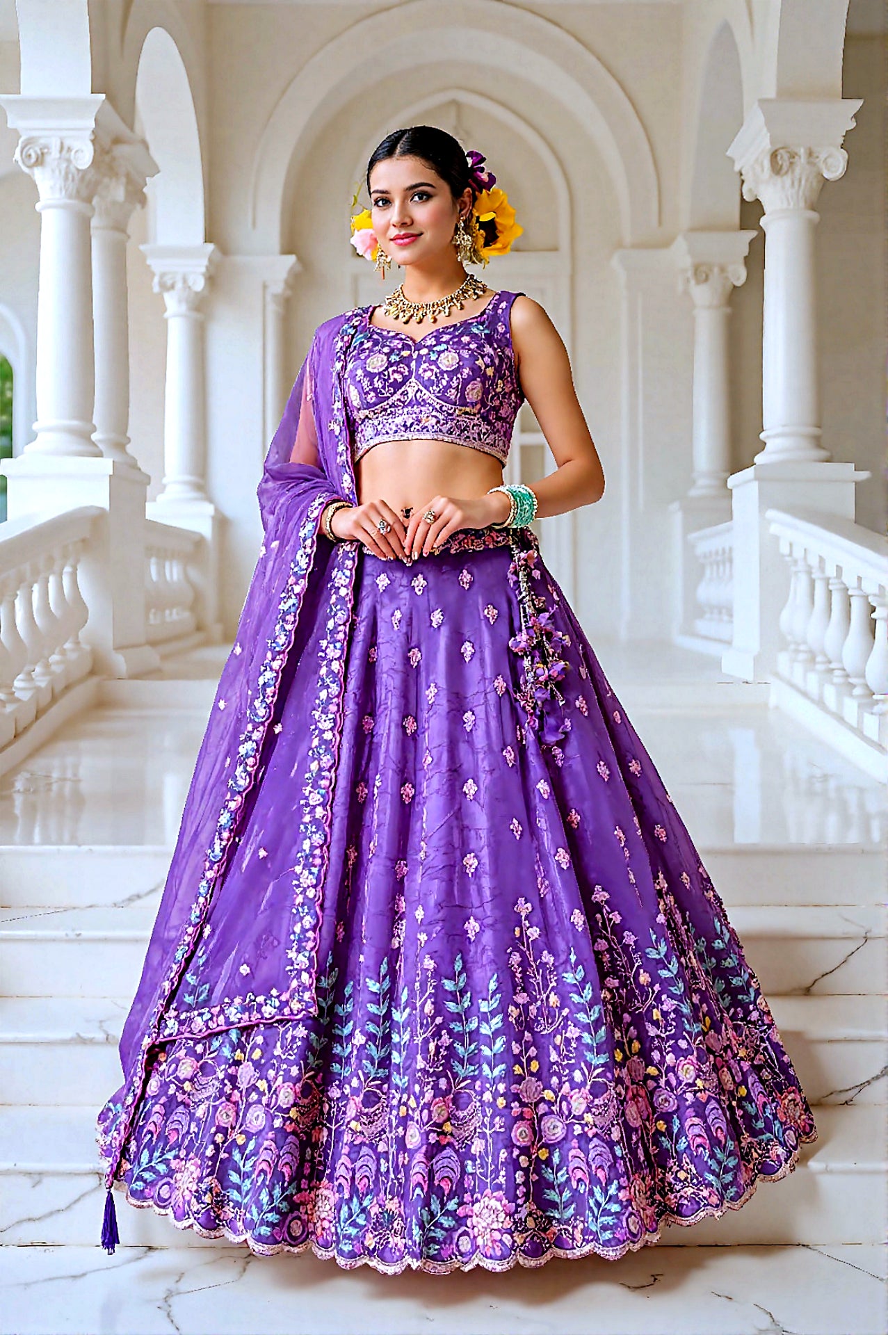 Lavender Embroidered Silk Lehenga (Front)