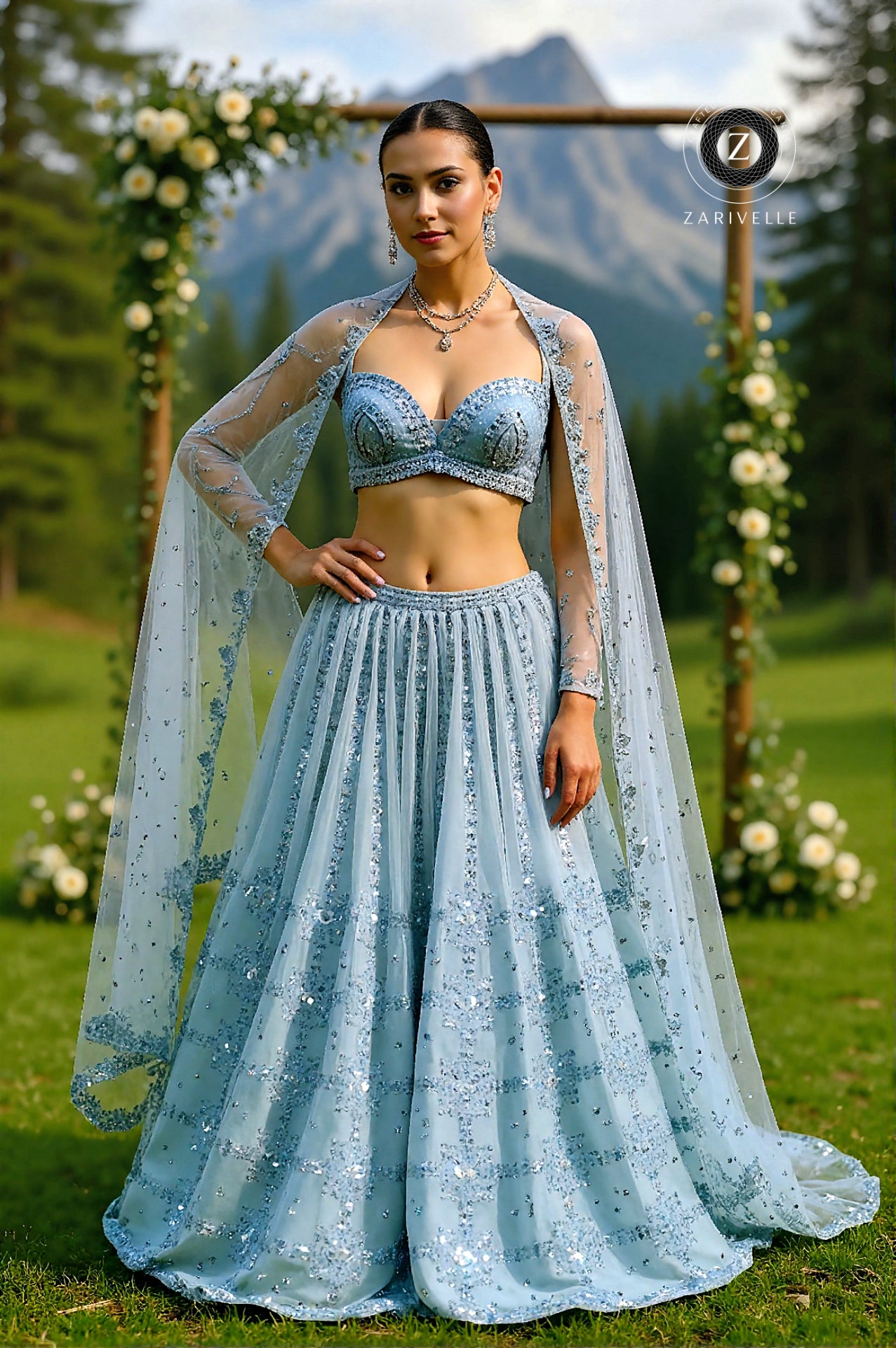 Light Blue Embroidered Net Lehenga (Full)
