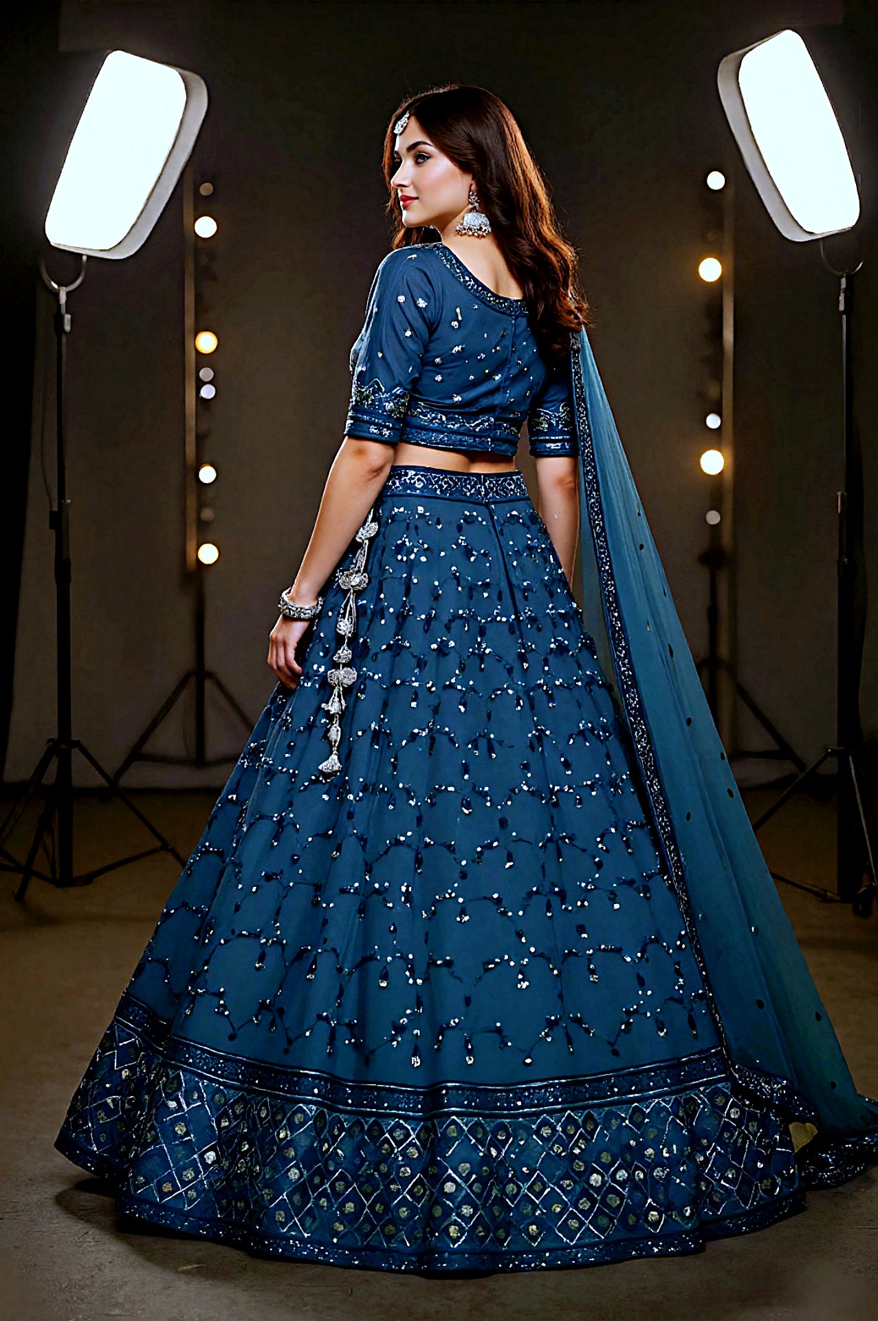 Light Blue Embroidered Premium Net Lehenga (Back)