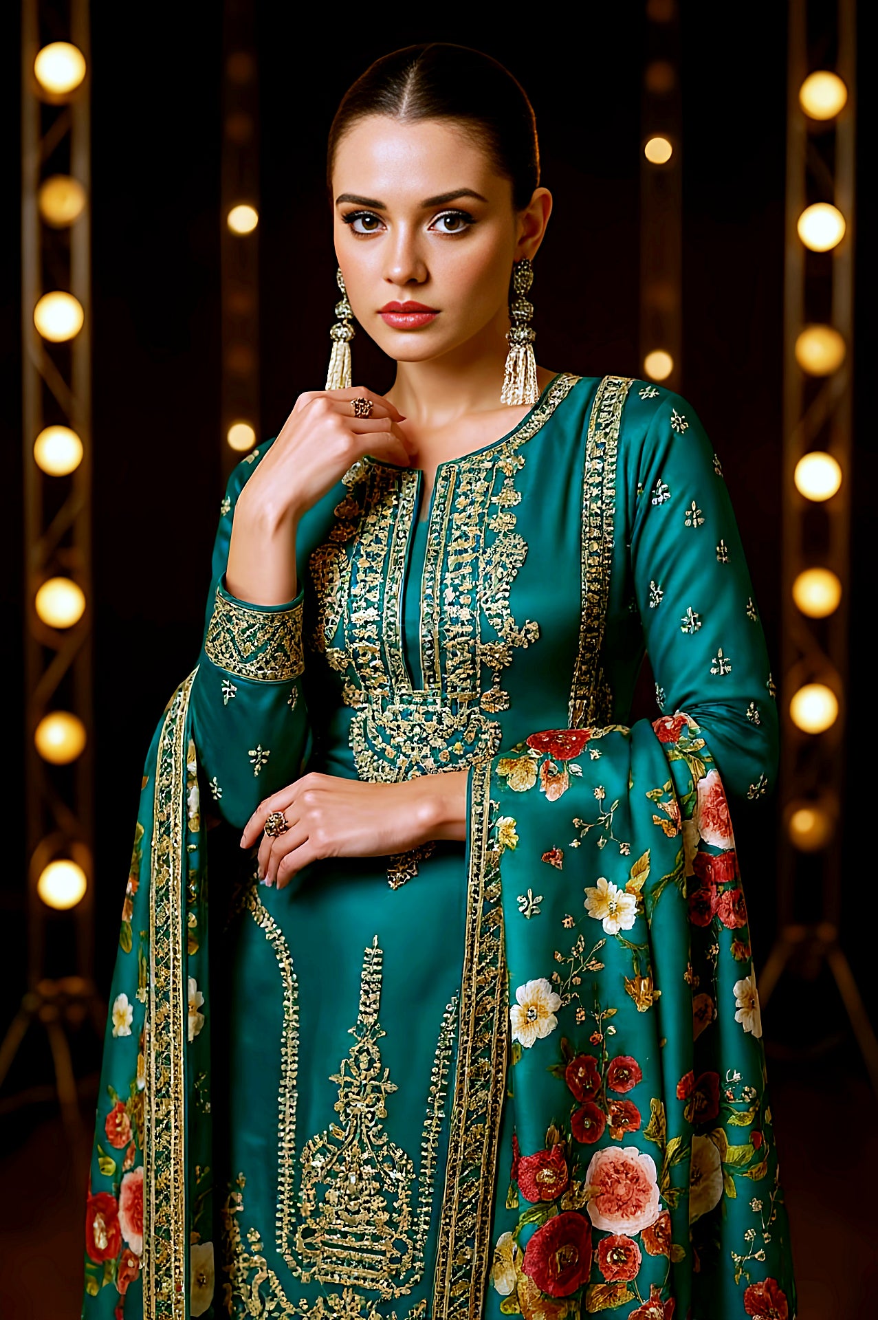 Light Blue Embroidered Silk Palazzo Suit (Close up)