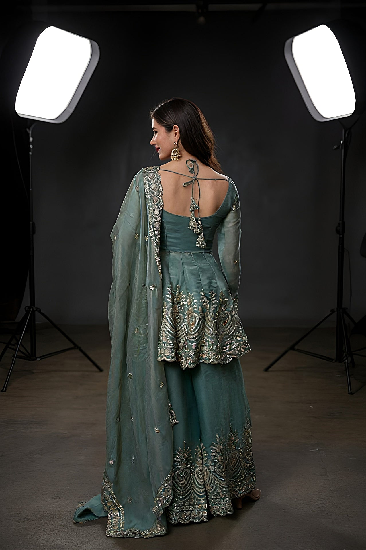 Light Blue Embroidered Silk Sharara Suit (Back)
