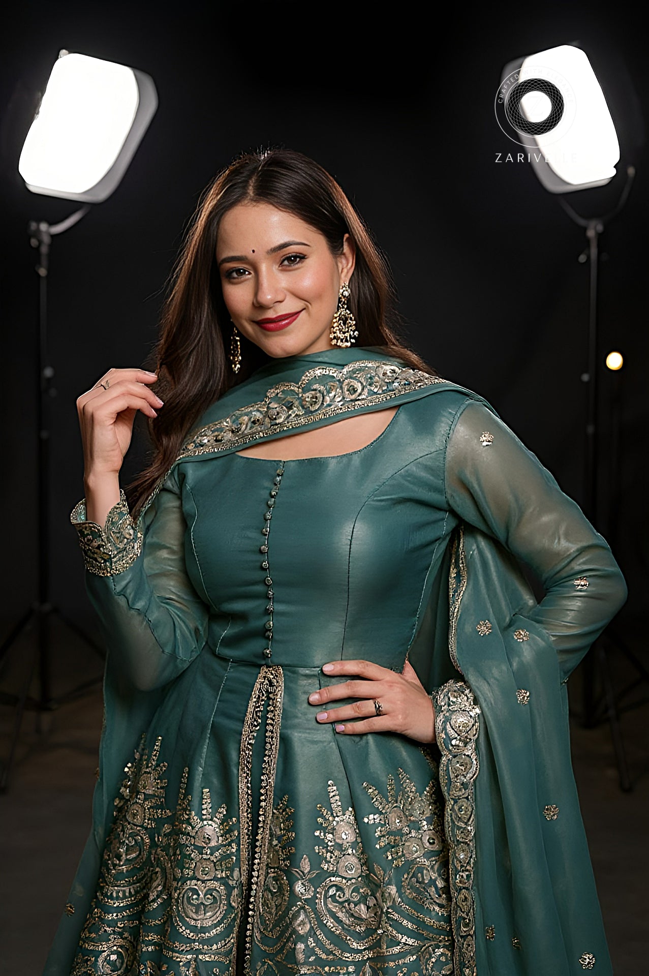 Light Blue Embroidered Silk Sharara Suit (Close up)