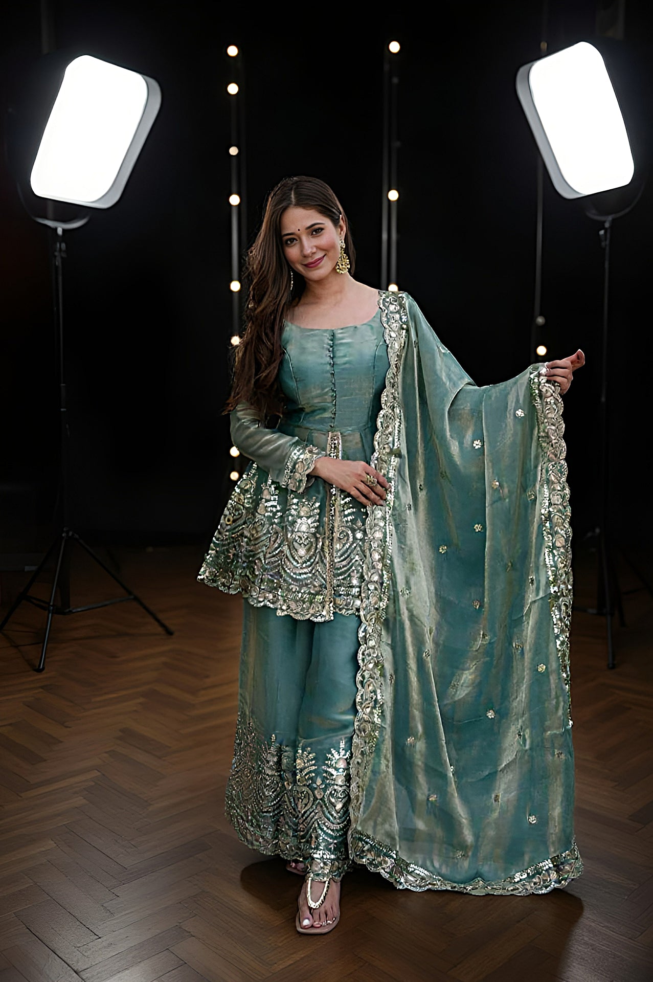 Light Blue Embroidered Silk Sharara Suit (Front)
