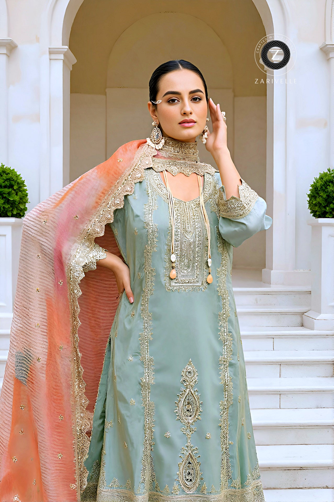 Light Blue Multicolor Embroidered Premium Silk Palazzo Suit (Front)