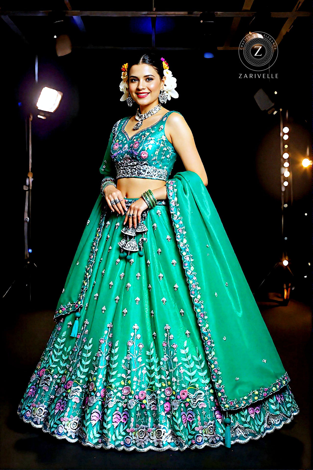 Light Green Embroidered Silk Lehenga (Front)