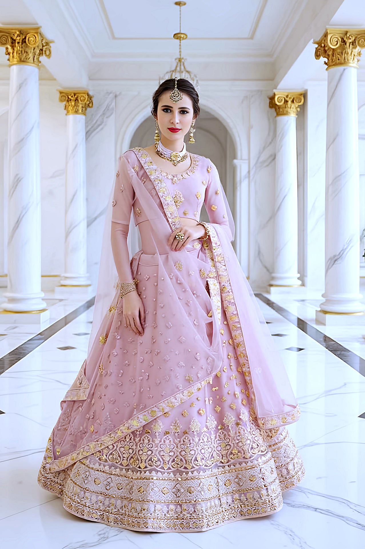 Light Pink Embroidered Net Lehenga (Front)