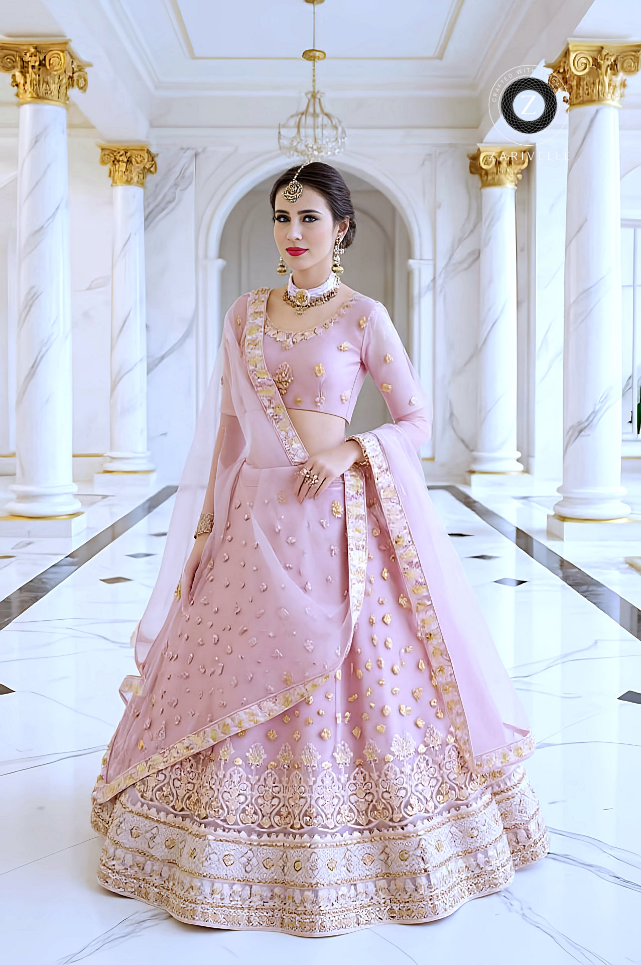 Light Pink Embroidered Net Lehenga (Side)
