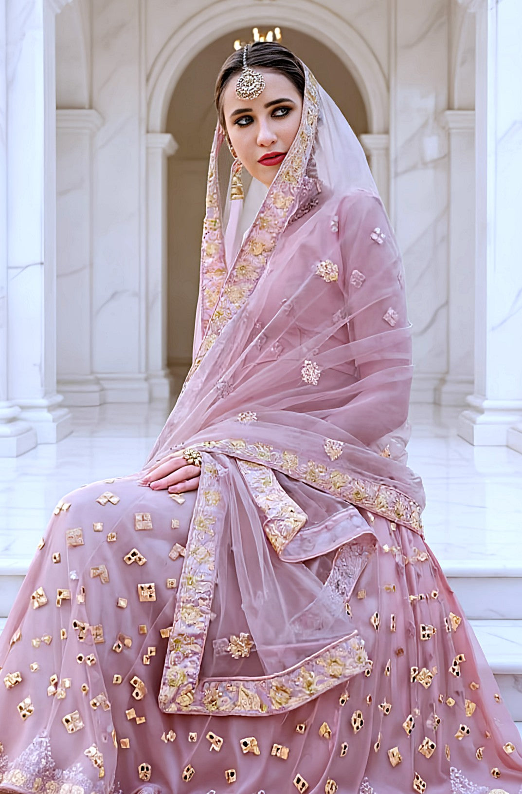 Light Pink Embroidered Net Lehenga (Sit)