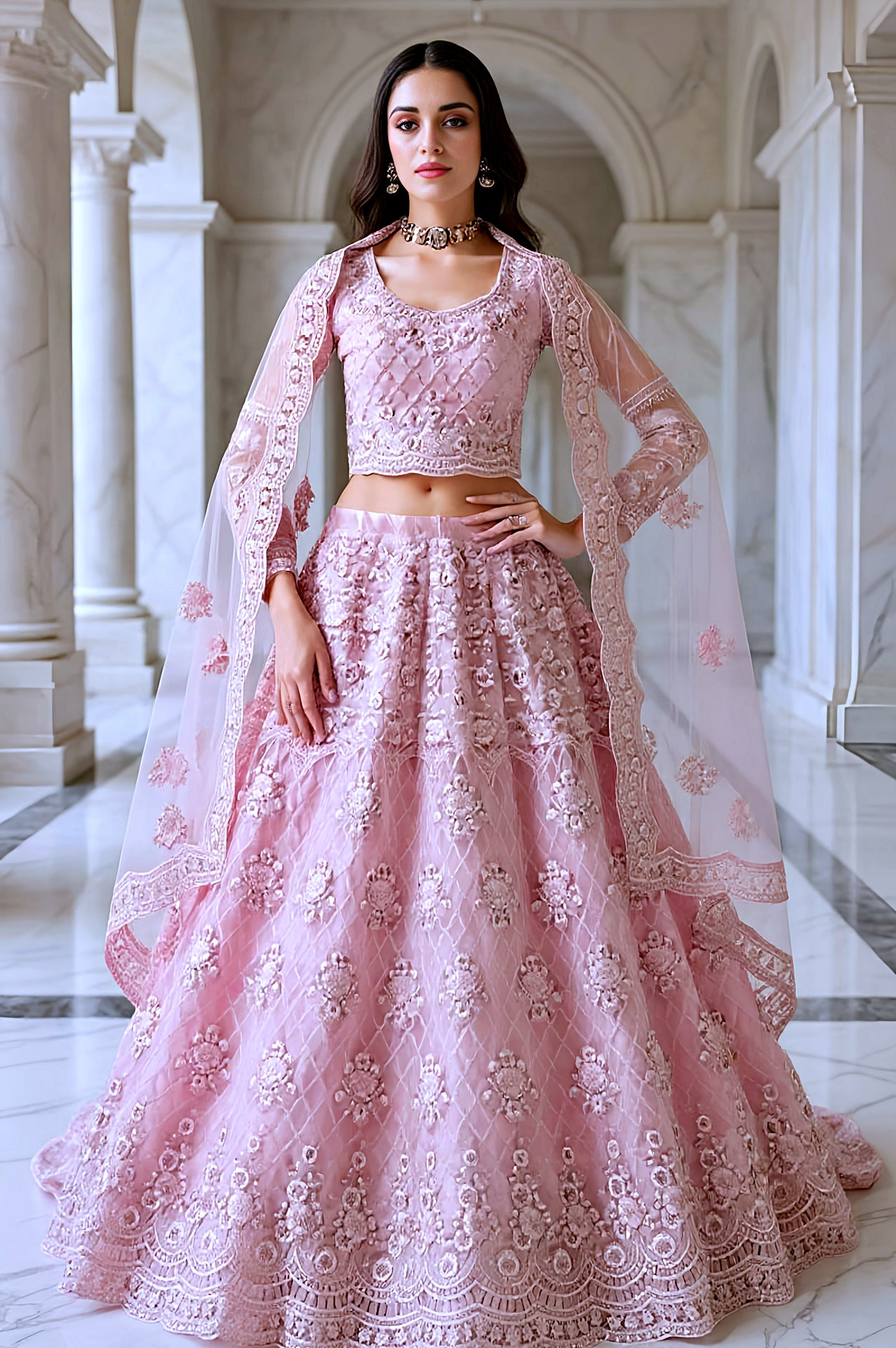 Light Pink Embroidered Premium Net Lehenga (Front)