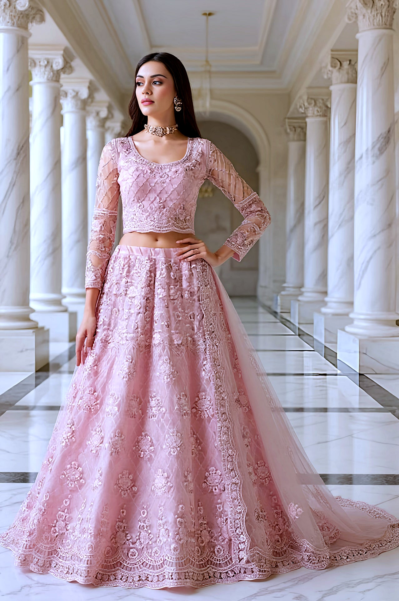 Light Pink Embroidered Premium Net Lehenga (Side)