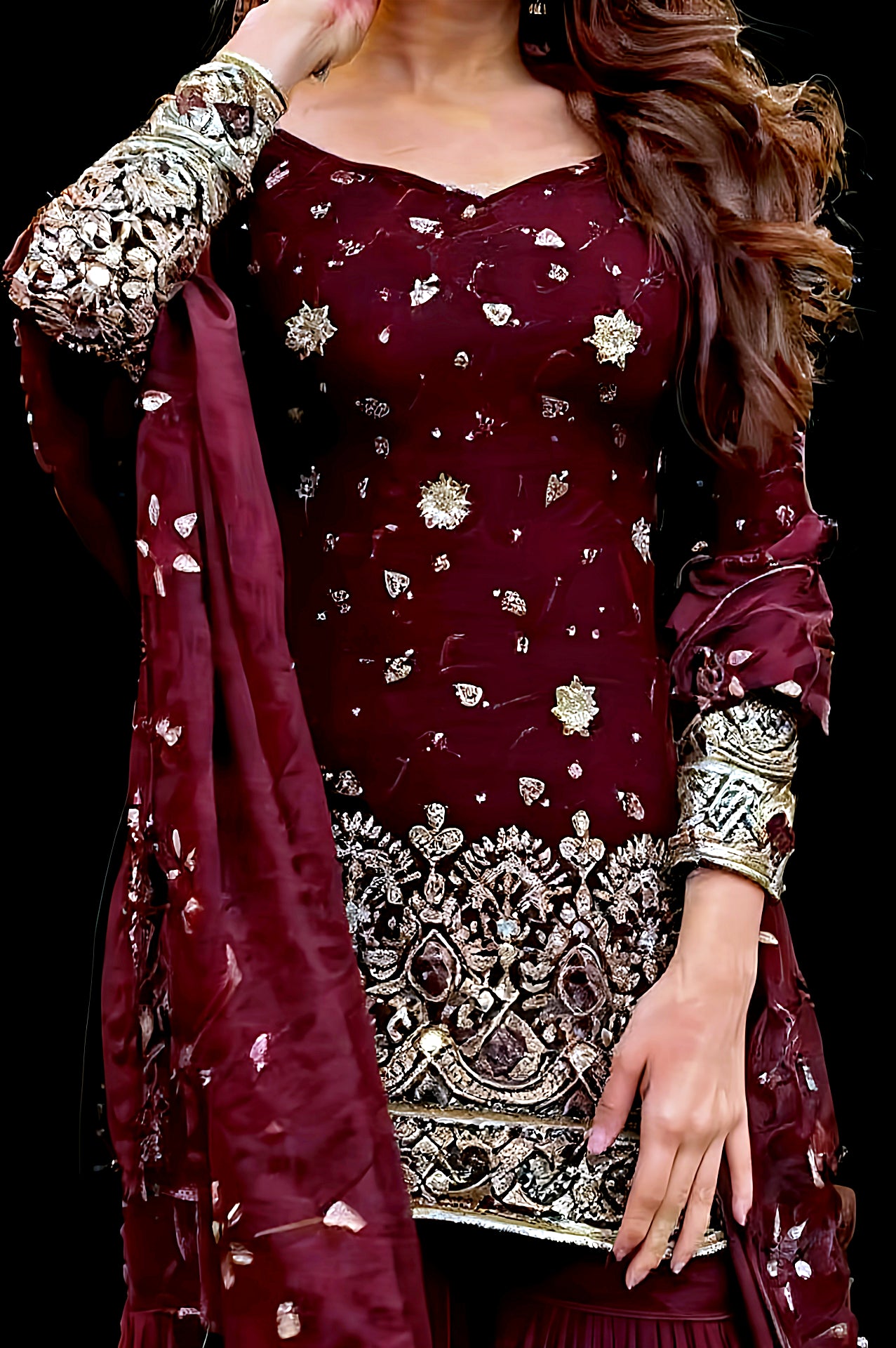 Maroon Embroidered Georgette Palazzo Suit (Close up2)