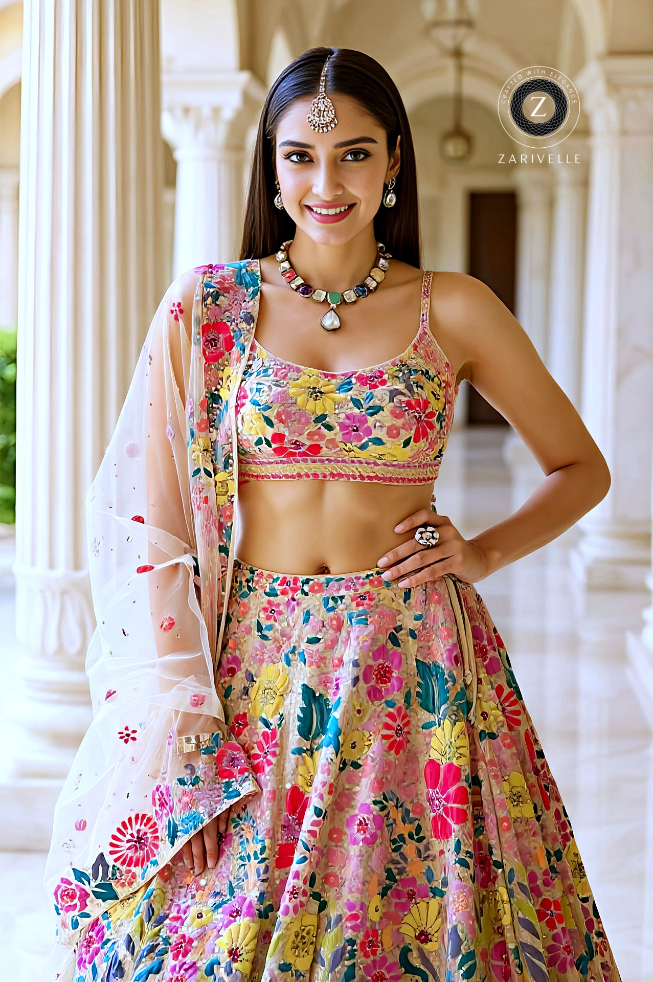 Multicolor Embroidered Georgette Lehenga (Close up)