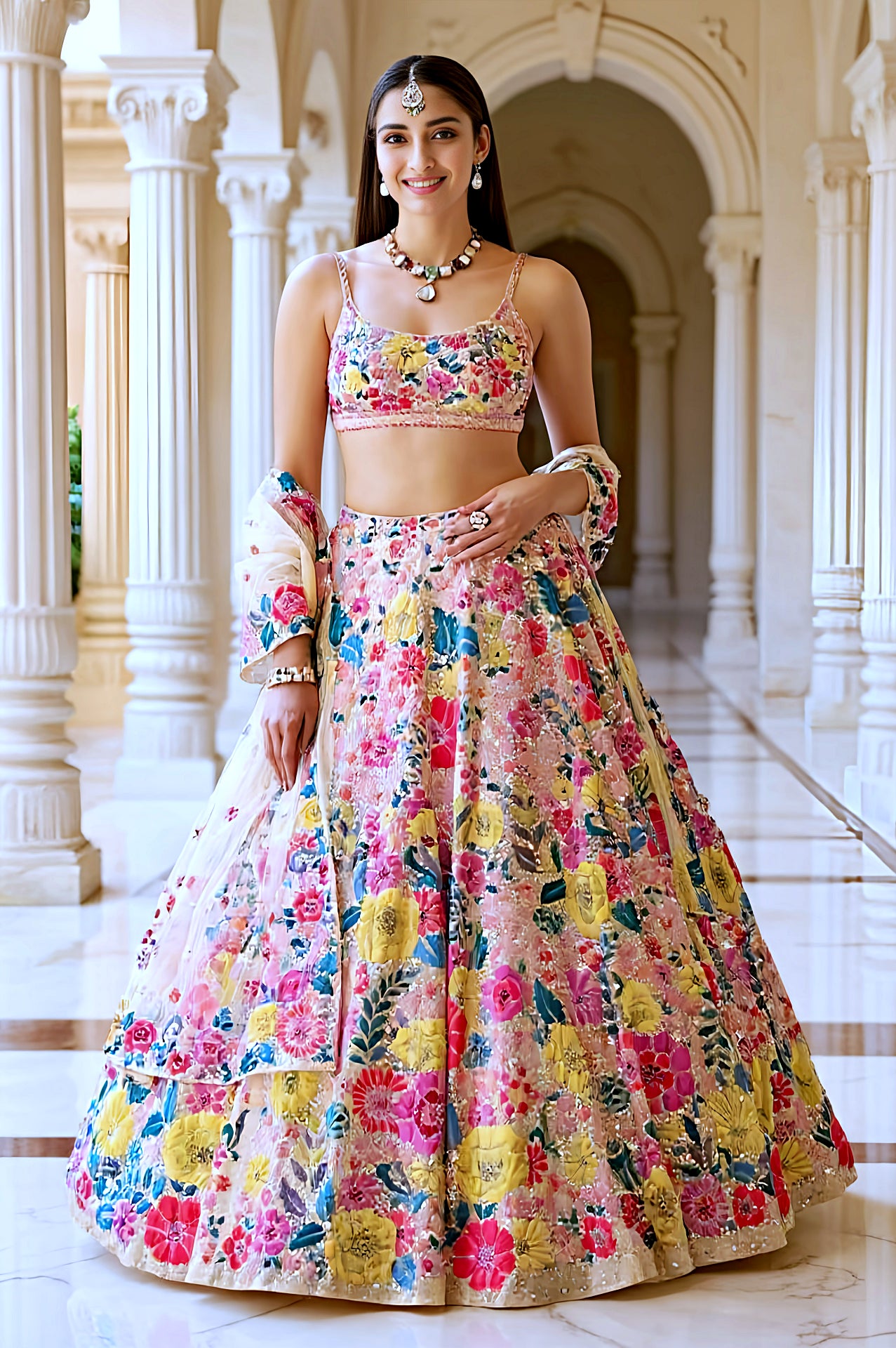 Multicolor Embroidered Georgette Lehenga (Front)