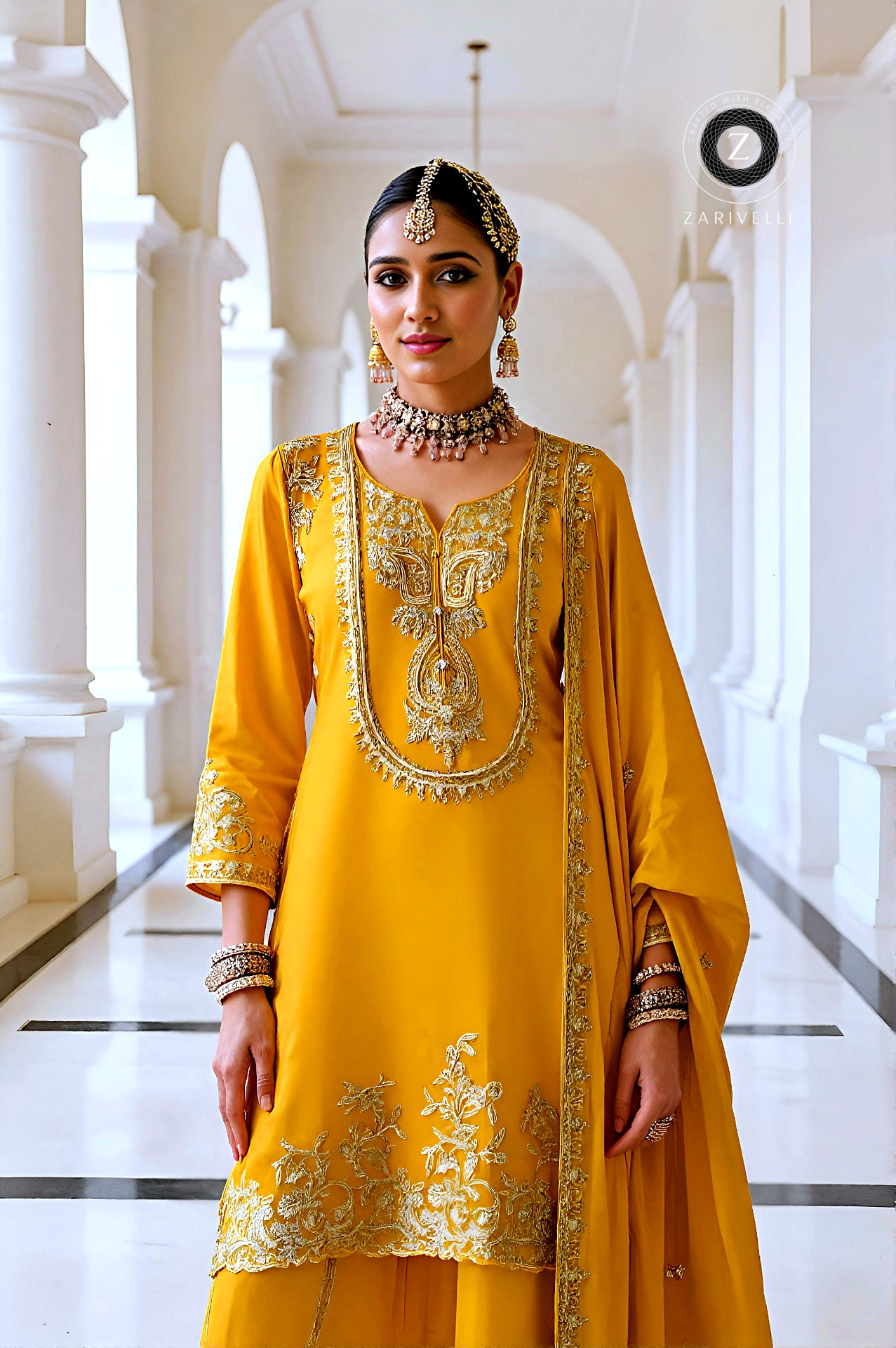 Mustard Embroidered Silk Salwar Suit (front)