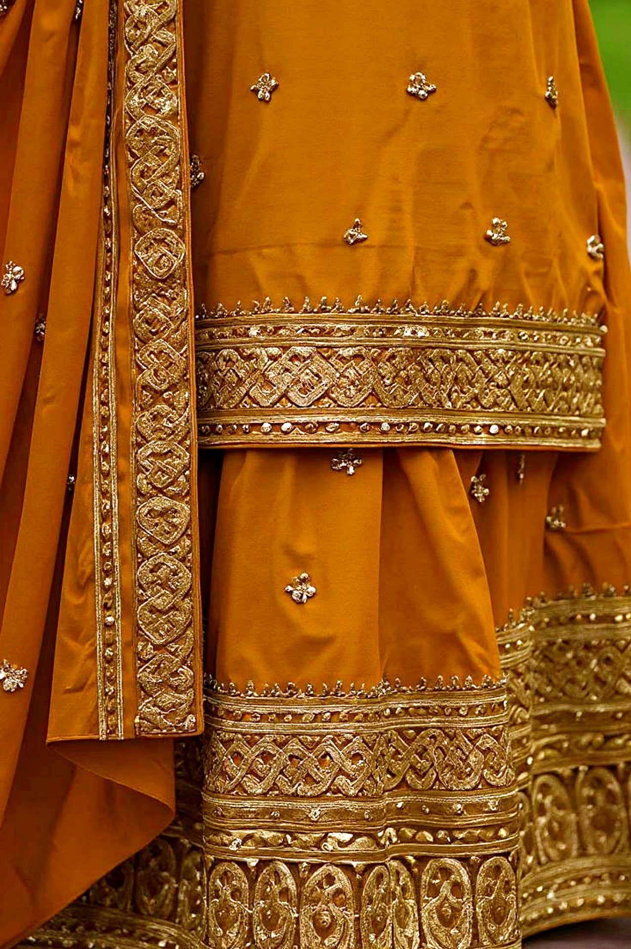 Mustard Embroidered Silk Sharara Suit (Close up)