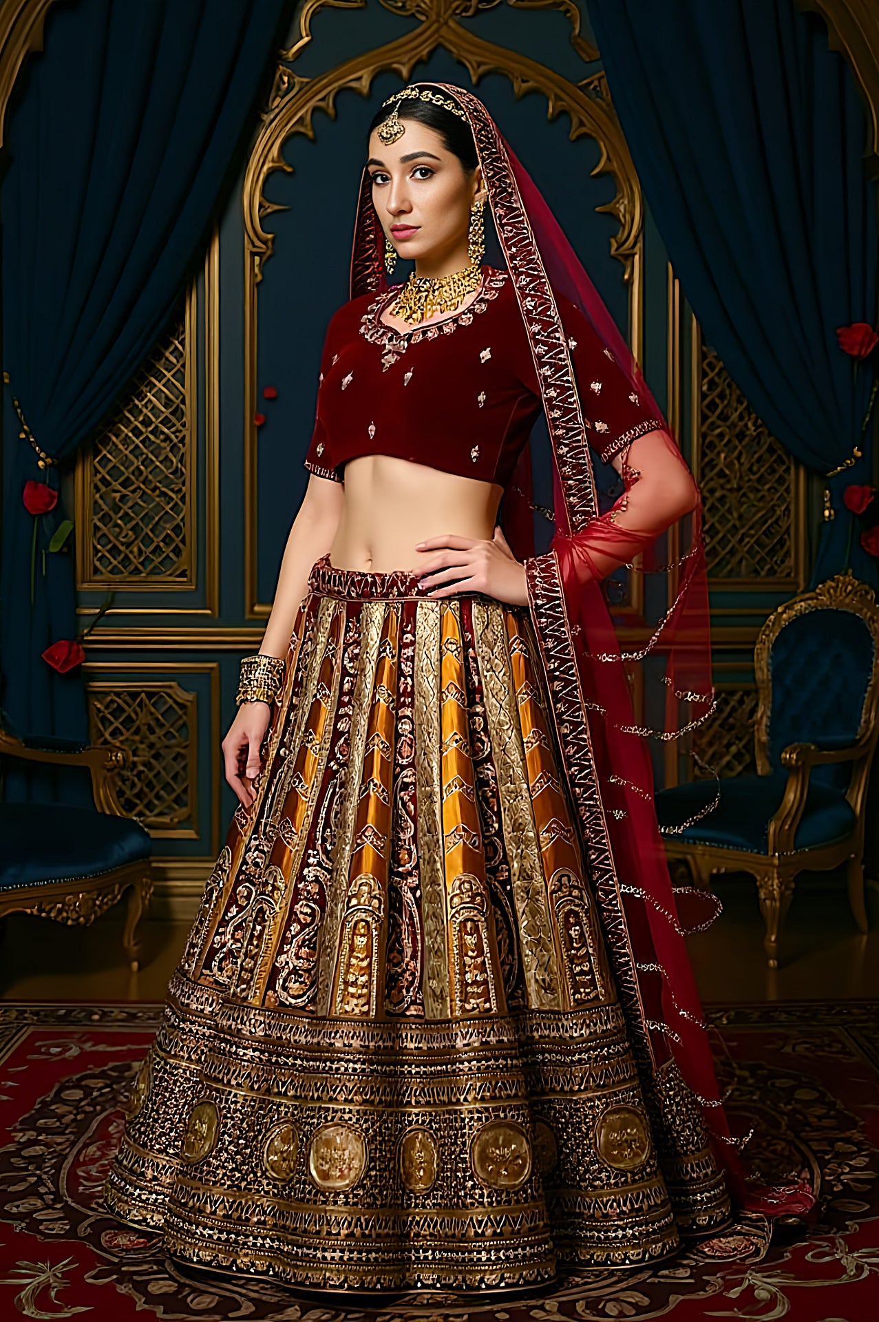Mustard Embroidered Velvet Lehenga (Side)