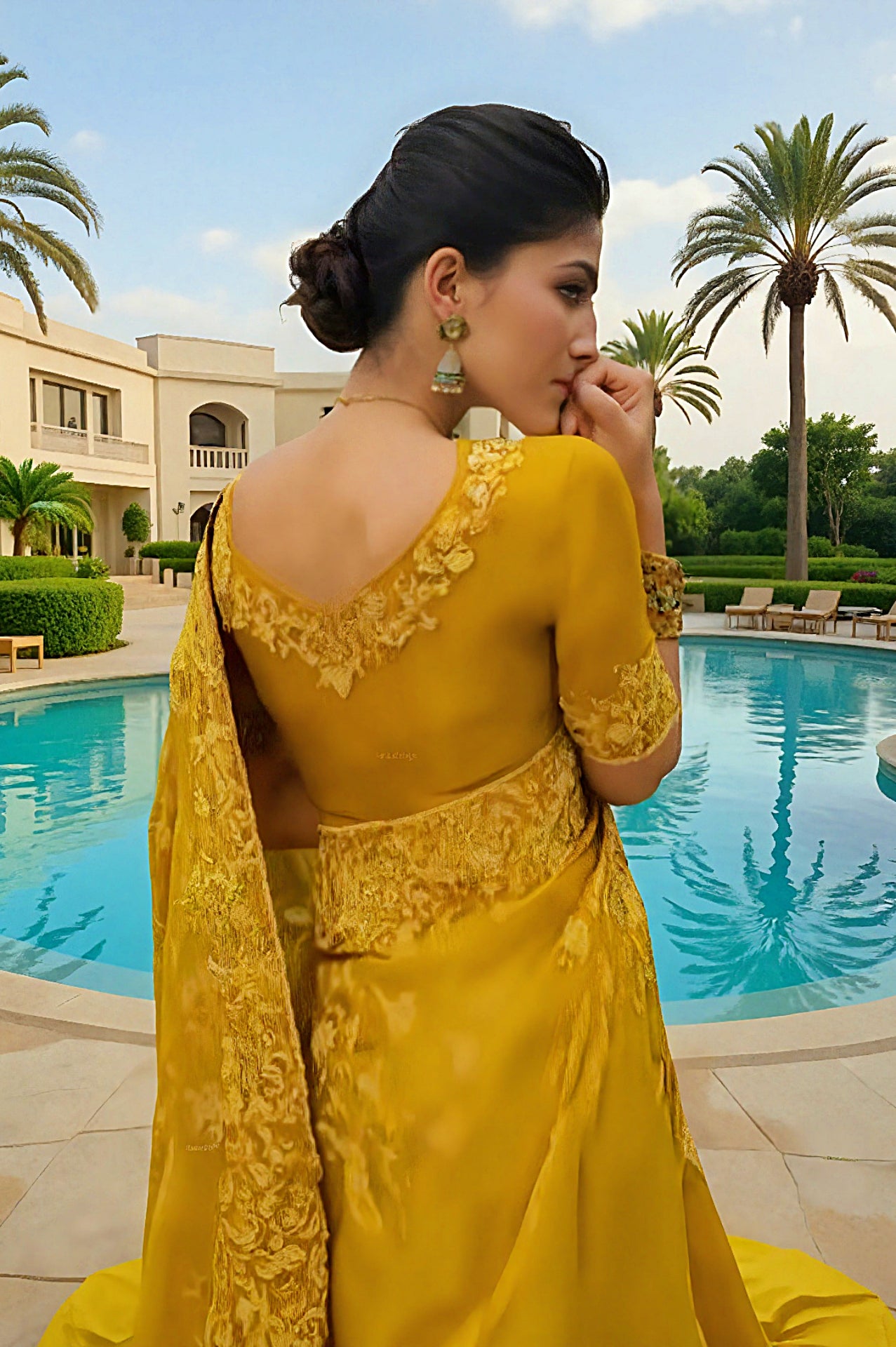 Mustard Premium Embroidered Silk Saree (Back)