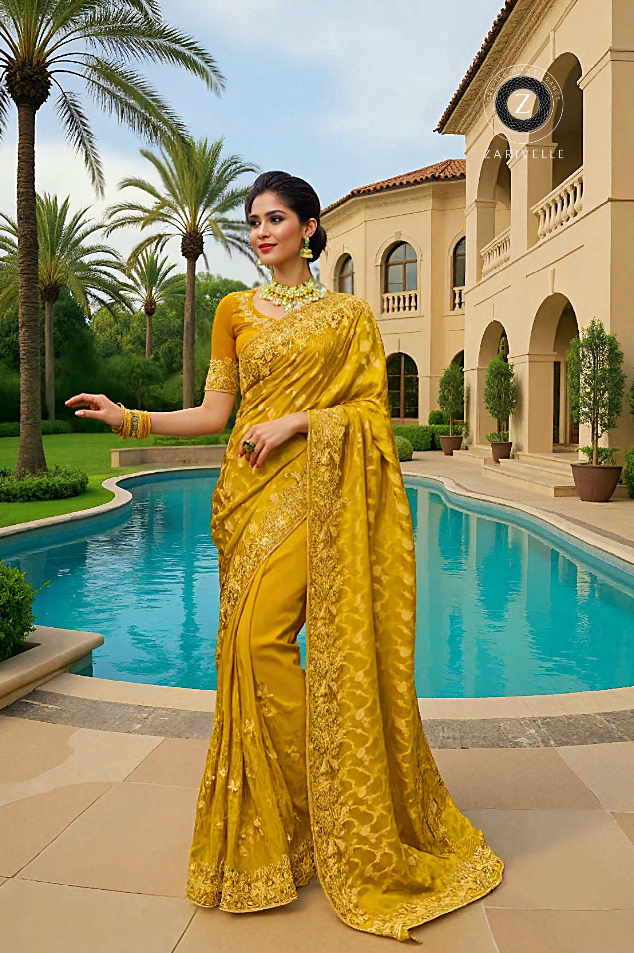 Mustard Premium Embroidered Silk Saree (Front)