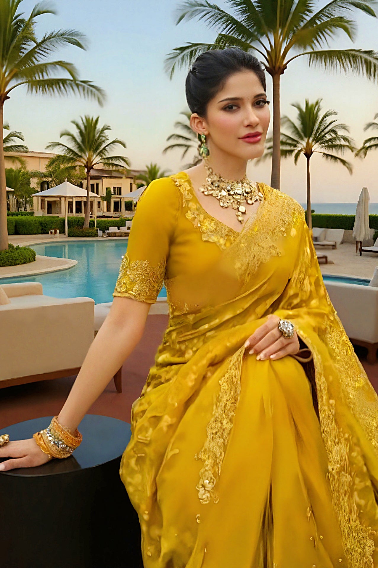 Mustard Premium Embroidered Silk Saree (Sitting)