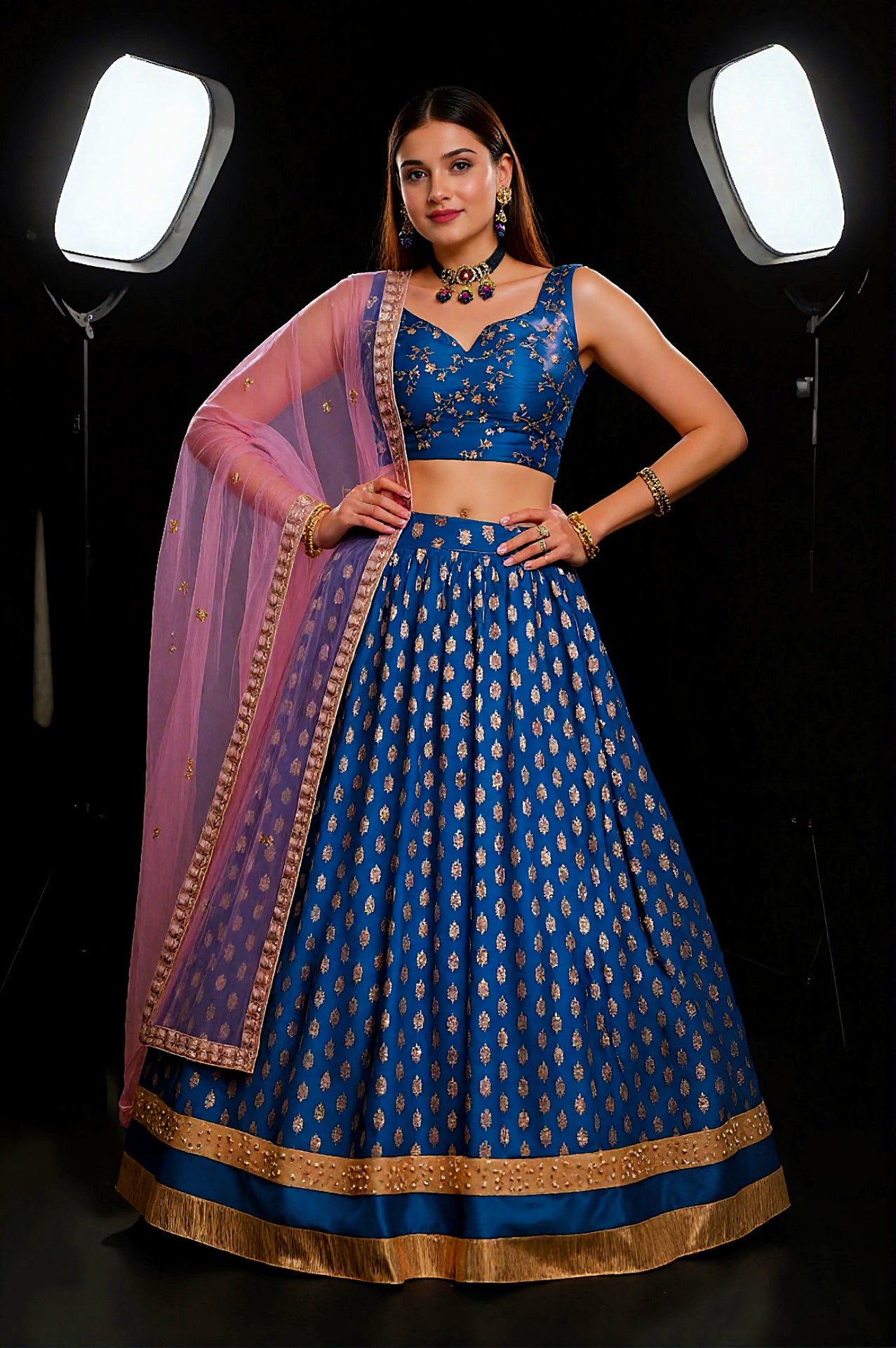 Navy Blue Embroidered Georgette Lehenga (Different View)